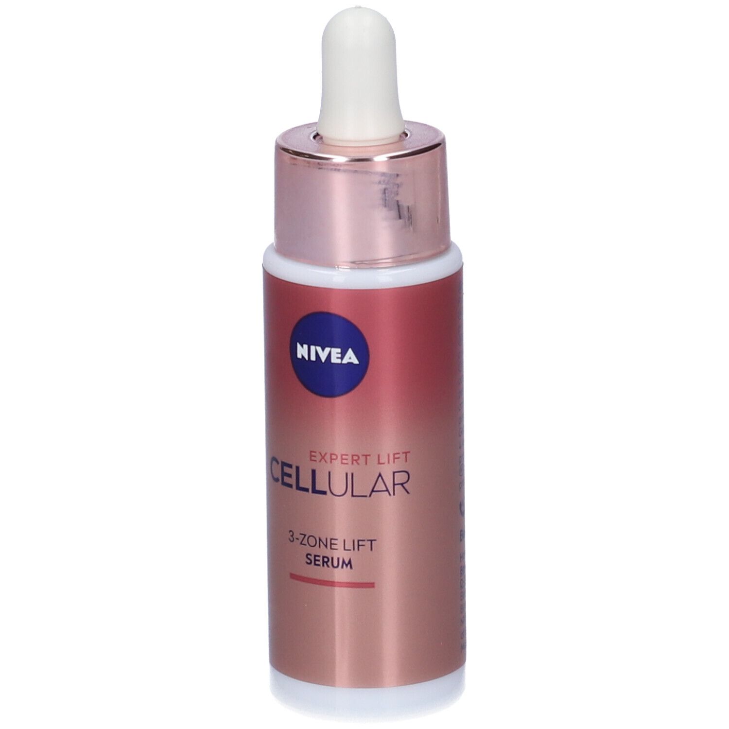 Siero Nivea Cellular Expert Lift, flacone. Flacone rosa-oro con pipetta. Testo: 3-Zone Lift Serum.
