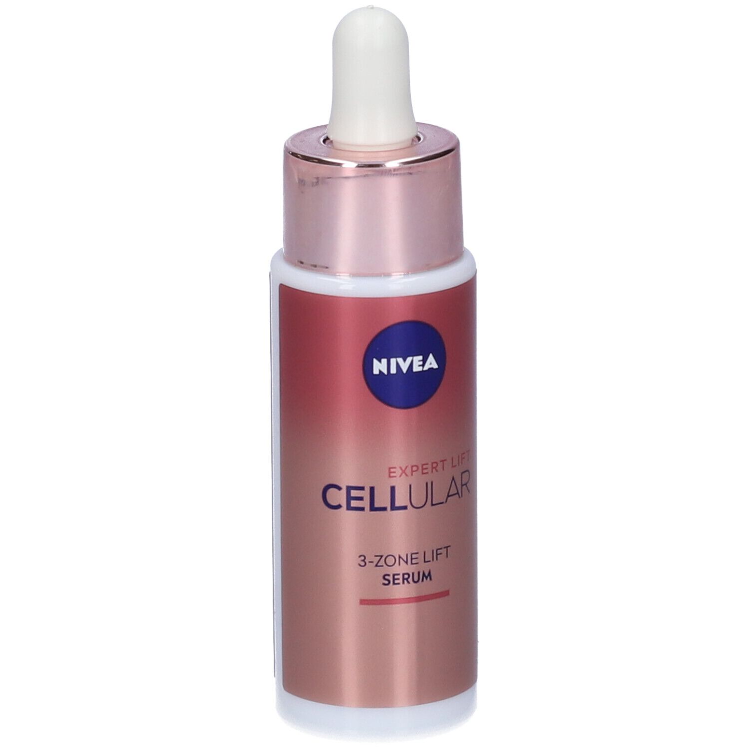 Siero Nivea Cellular Expert Lift, flacone. Flacone rosa-oro con pipetta. Testo: 3-Zone Lift Serum.