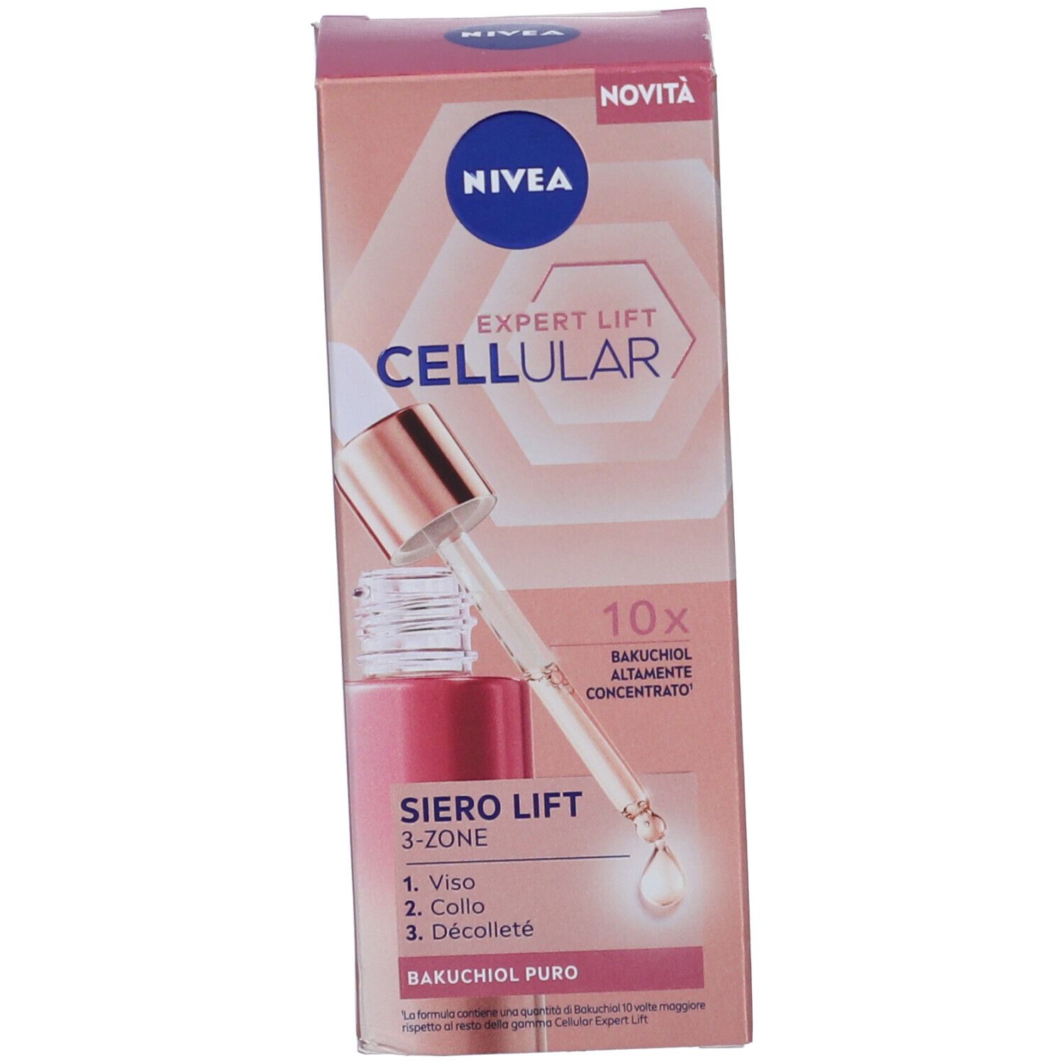 Siero Nivea Cellular Expert Lift, flacone e confezione. Flacone rosa-oro con contagocce e scatola.