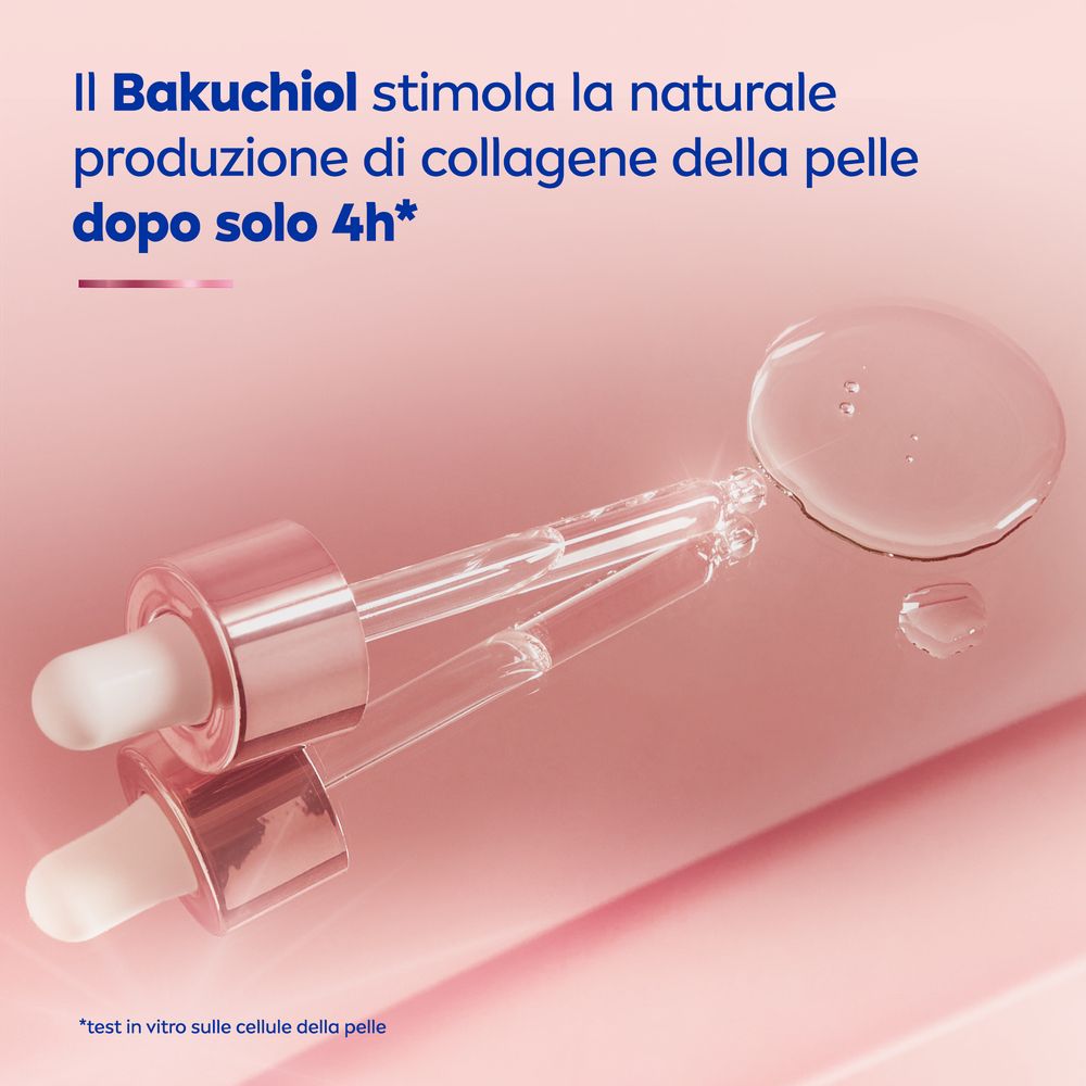 Pipetta con goccia di siero. Testo: Il Bakuchiol stimola la naturale produzione di collagene della pelle.