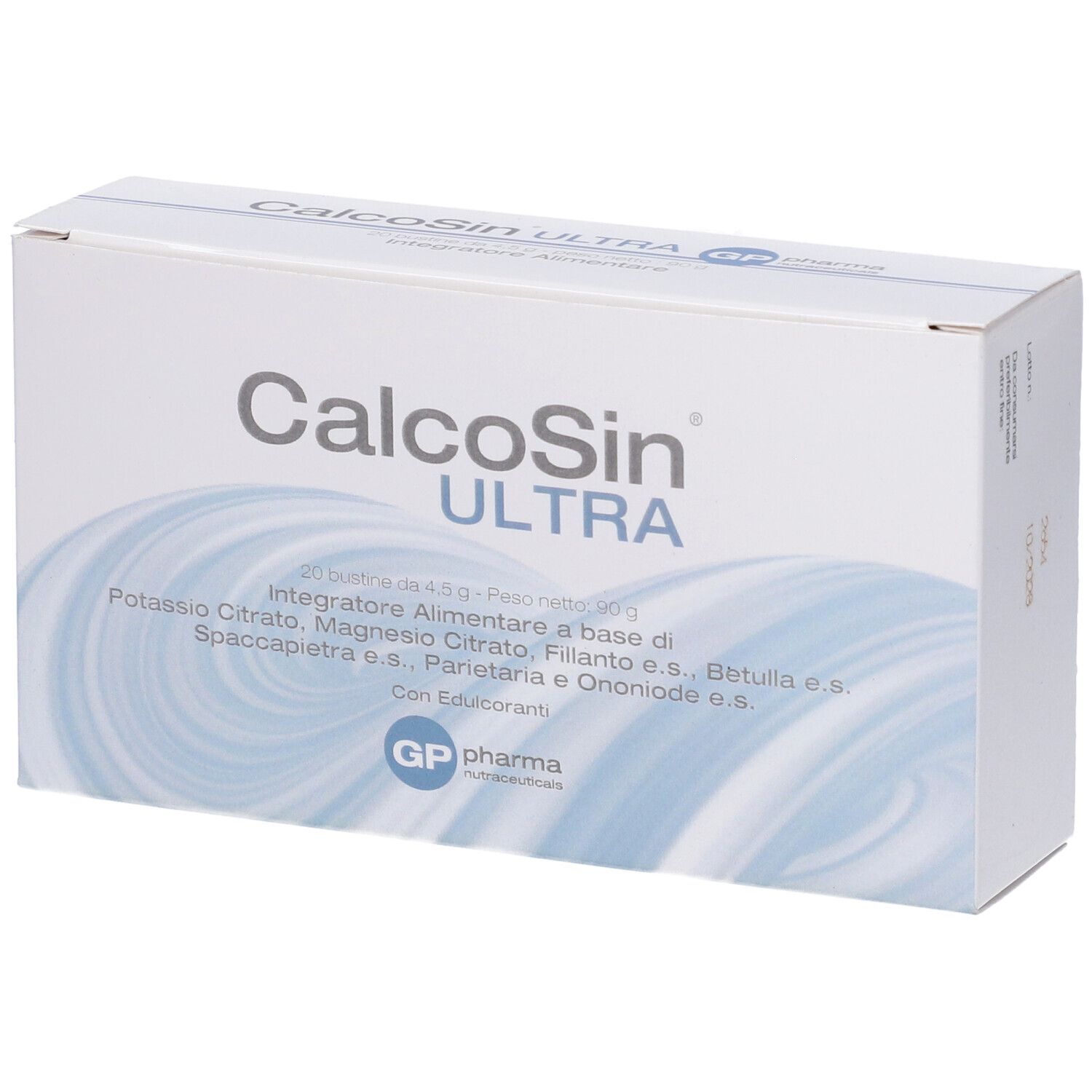 Scatola CalcoSin Ultra. Confezione bianca con nome del prodotto e ingredienti. Logo GP Pharma.