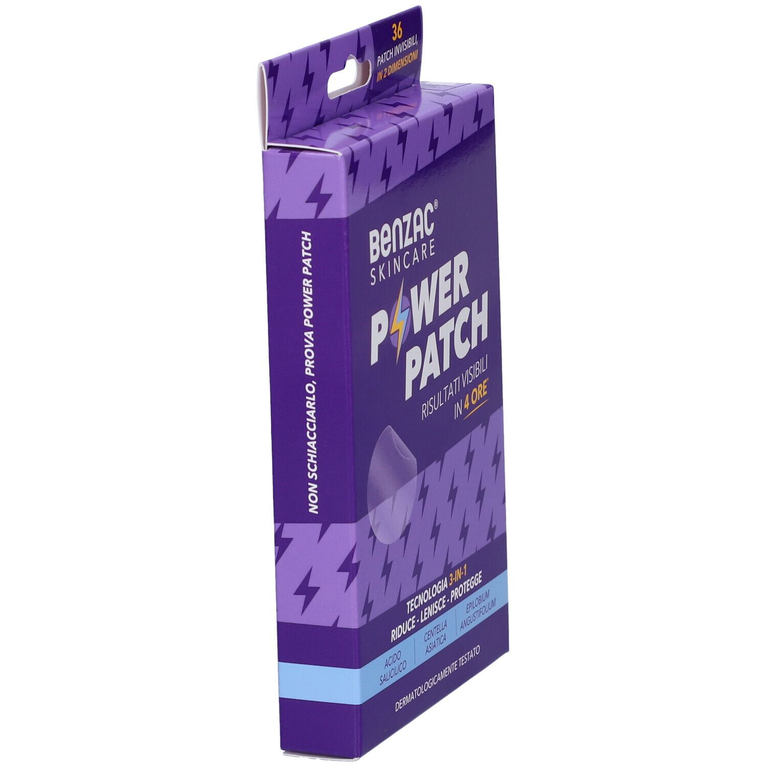 Benzac Skincare Power Patch Packung, Seitenansicht. Enthält 36 Patches. Aufschrift: Power Patch, Ergebnisse in 4 Stunden.