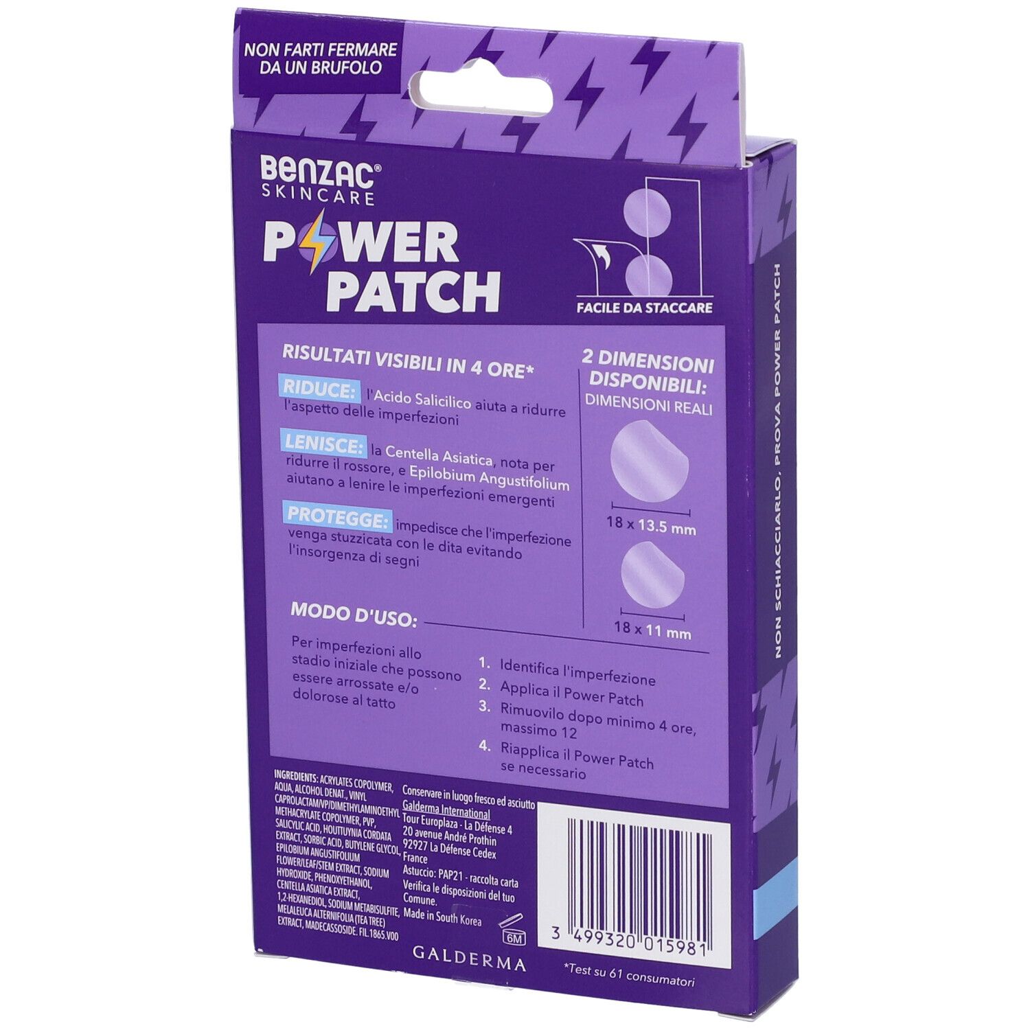 Rückseite der Benzac Skincare Power Patch Packung. Enthält Informationen zu Anwendung und Inhaltsstoffen. 2 Größen verfügbar.