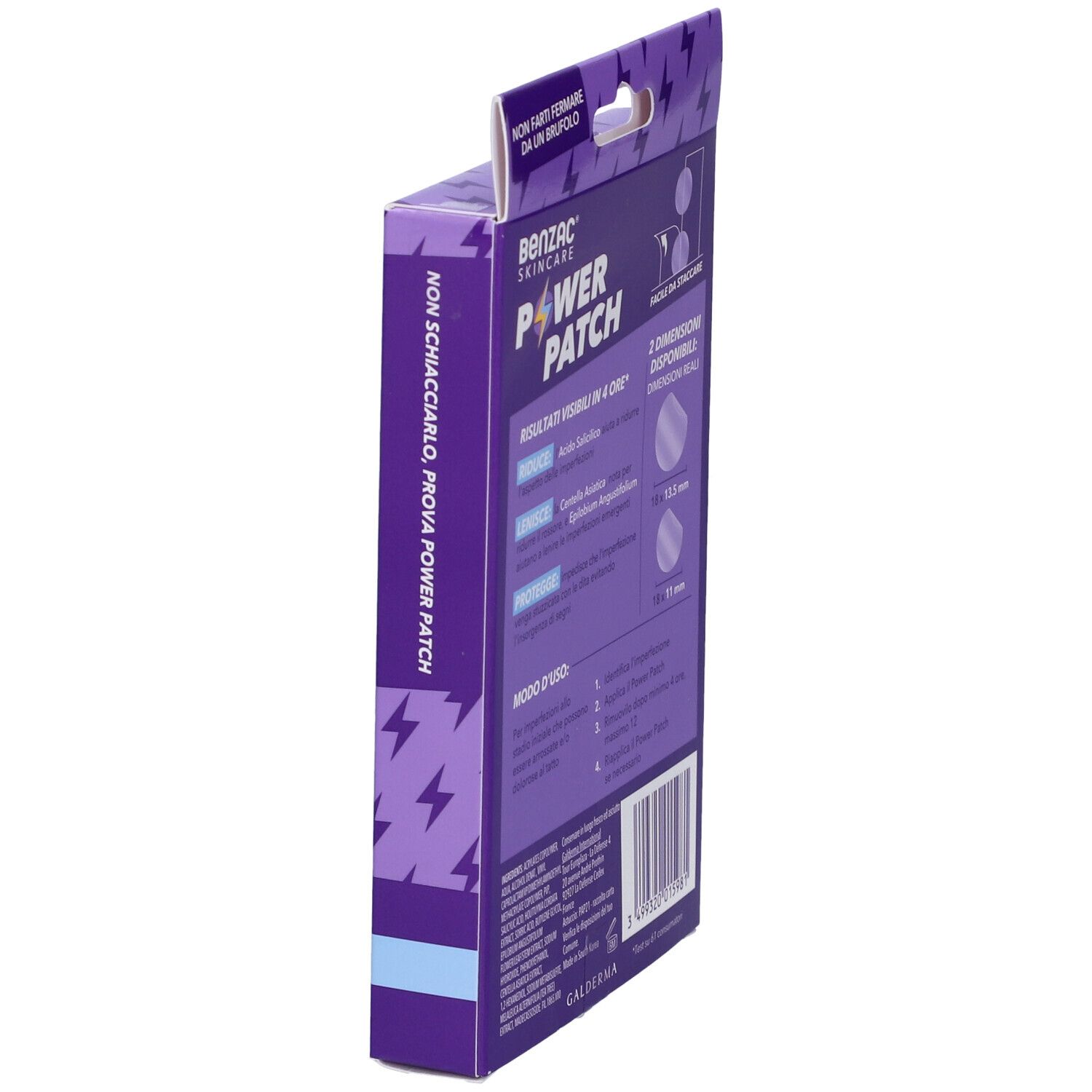 Seitenansicht der Benzac Skincare Power Patch Packung. Informationen zur Anwendung und Inhaltsstoffen. 2 Größen verfügbar.