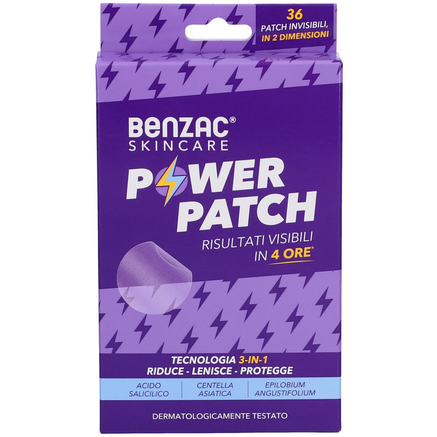 Benzac Skincare Power Patch Packung. Enthält 36 unsichtbare Patches. Aufschrift: Power Patch, Ergebnisse in 4 Stunden.