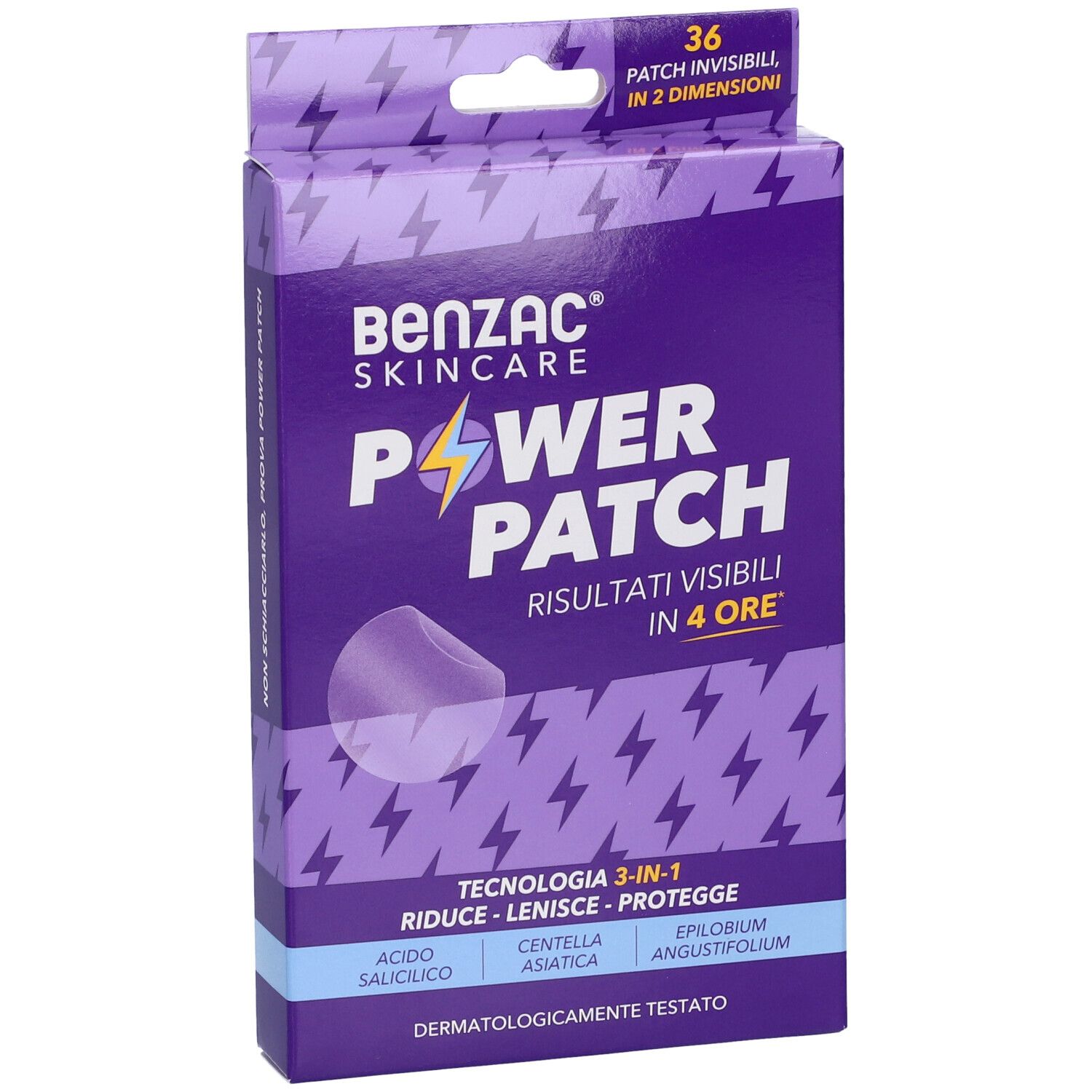 Benzac Skincare Power Patch Packung. Enthält 36 unsichtbare Patches. Aufschrift: Power Patch, Ergebnisse in 4 Stunden.