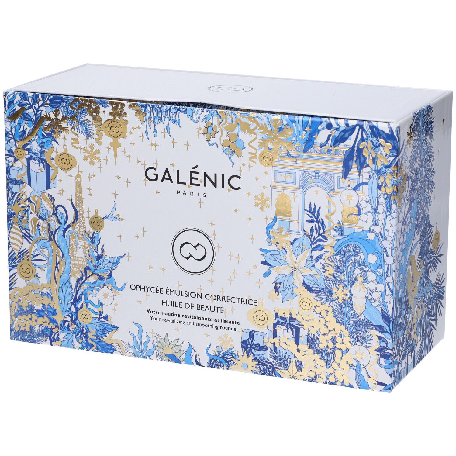 Scatola bianca con decorazioni blu e oro. Logo Galénic Paris e nomi dei prodotti.