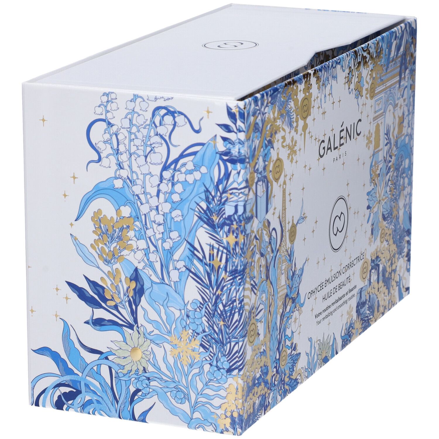 Scatola bianca con decorazioni blu e oro. Logo Galénic Paris e nomi dei prodotti visibili.