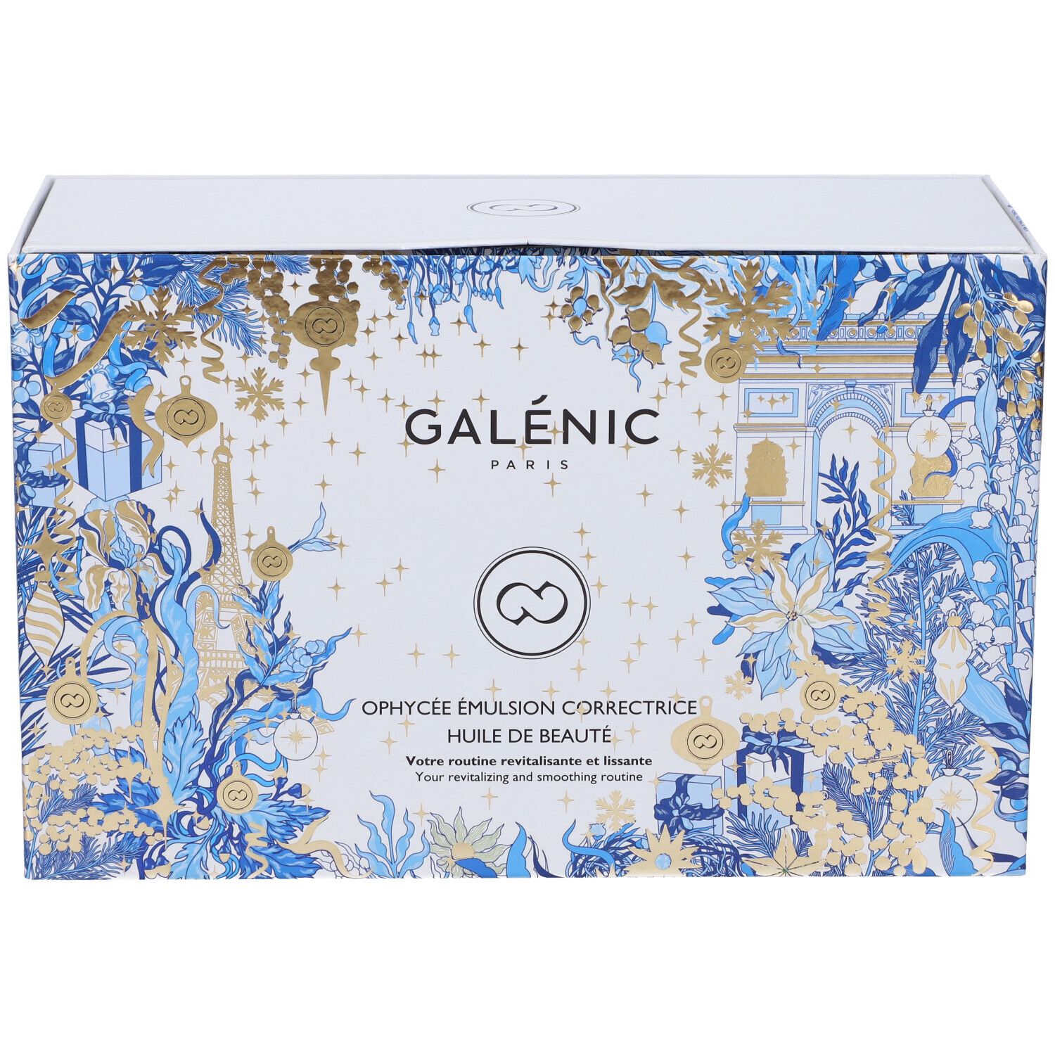 Scatola bianca con decorazioni blu e oro. Logo Galénic Paris e nomi dei prodotti ben visibili.