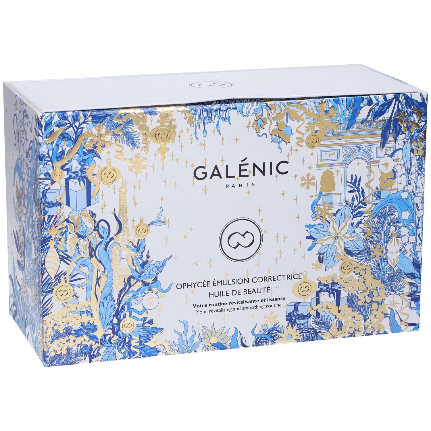 Scatola bianca con decorazioni blu e oro. Logo Galénic Paris e nomi dei prodotti visibili.