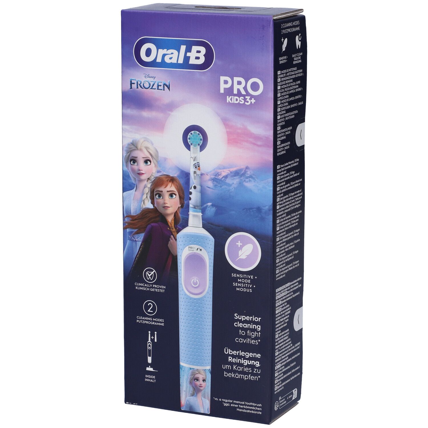 Spazzolino Oral-B Pro Kids Frozen nella confezione. Stampa con Elsa e Anna. Spazzolino blu con pulsante viola.