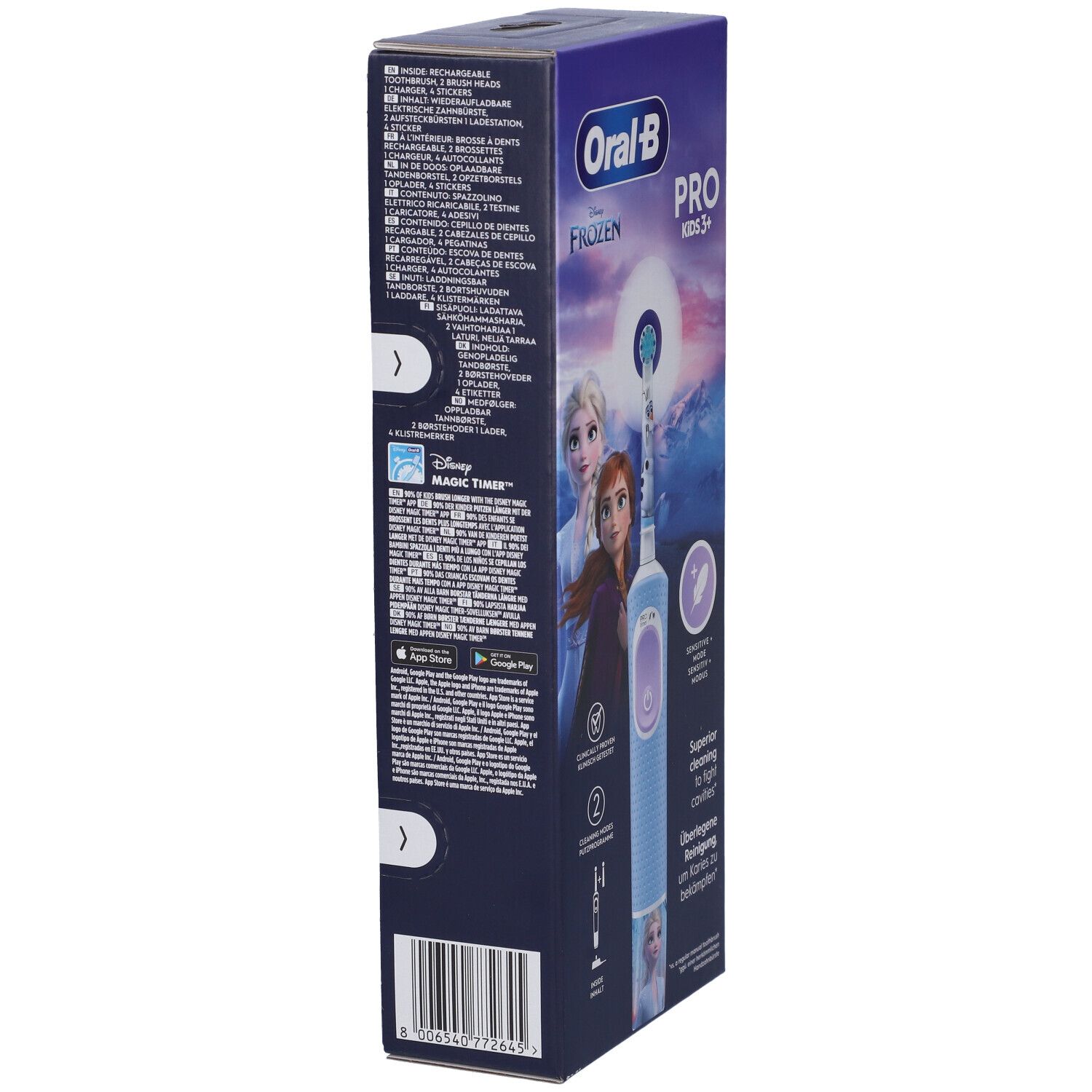 Confezione dello spazzolino Oral-B Pro Kids Frozen. Lato con testo e immagine del prodotto. Elsa e Anna sono raffigurate.