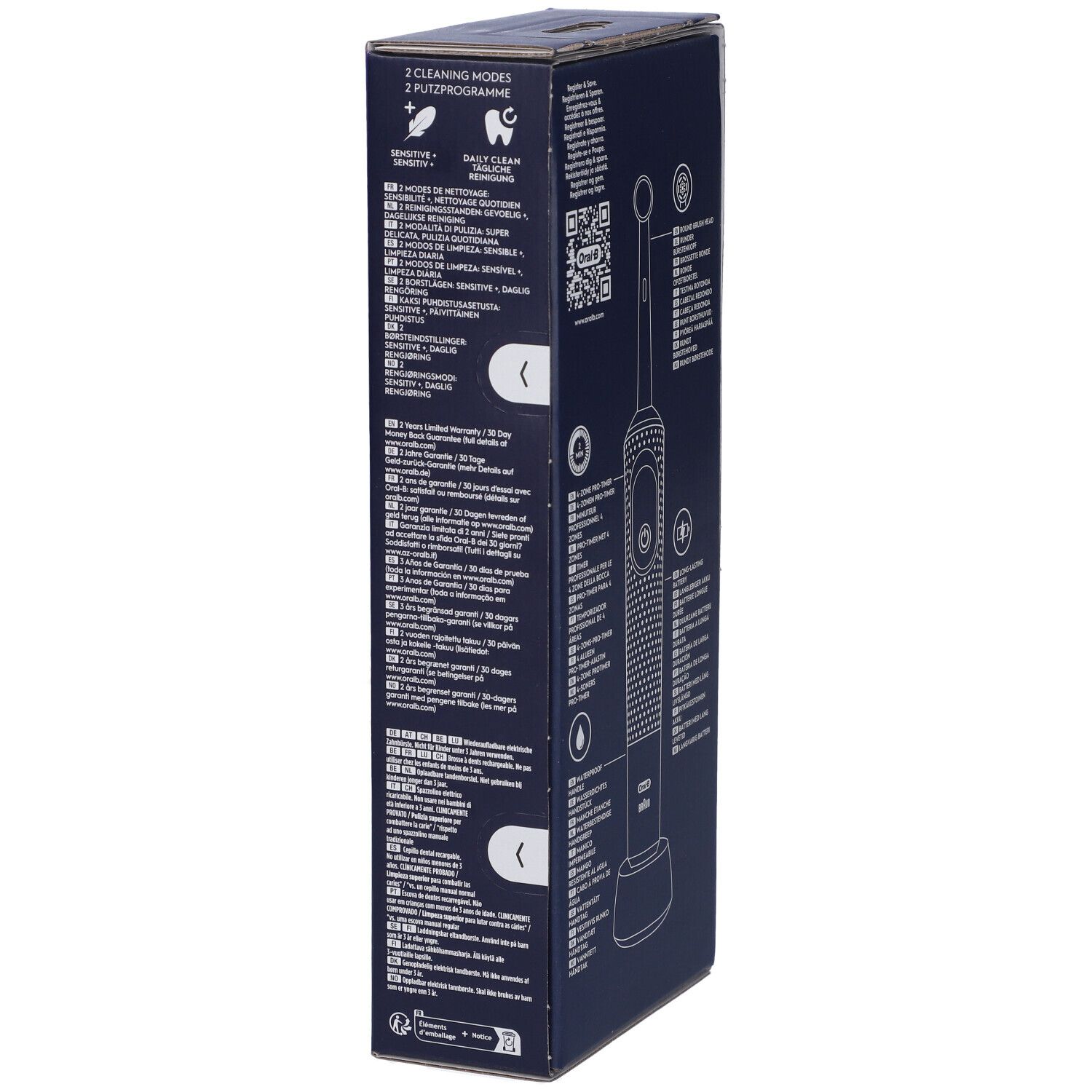 Lato della confezione dello spazzolino Oral-B Pro Kids Frozen. Illustrazione dello spazzolino e informazioni.