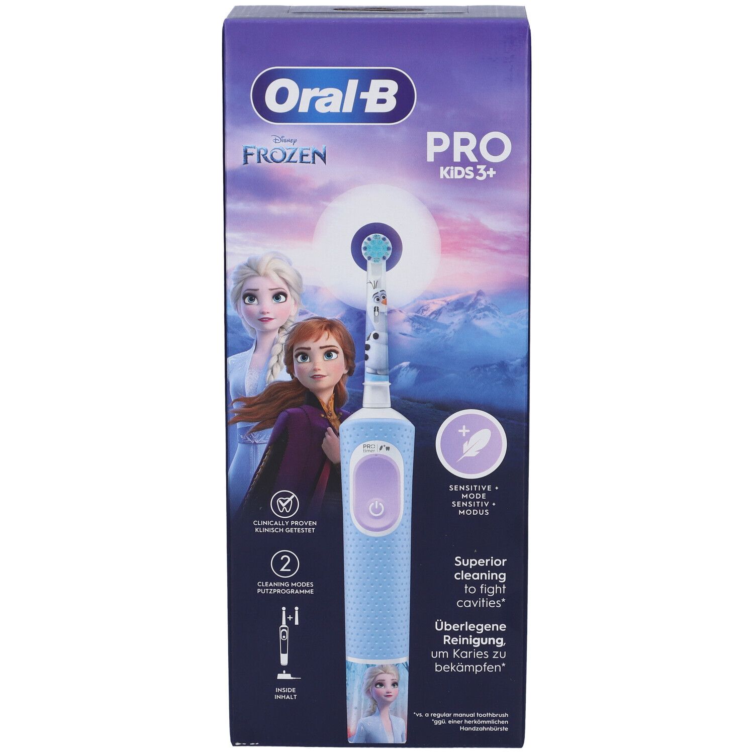 Spazzolino Oral-B Pro Kids Frozen nella confezione. Stampa con Elsa e Anna. Spazzolino blu con pulsante viola.