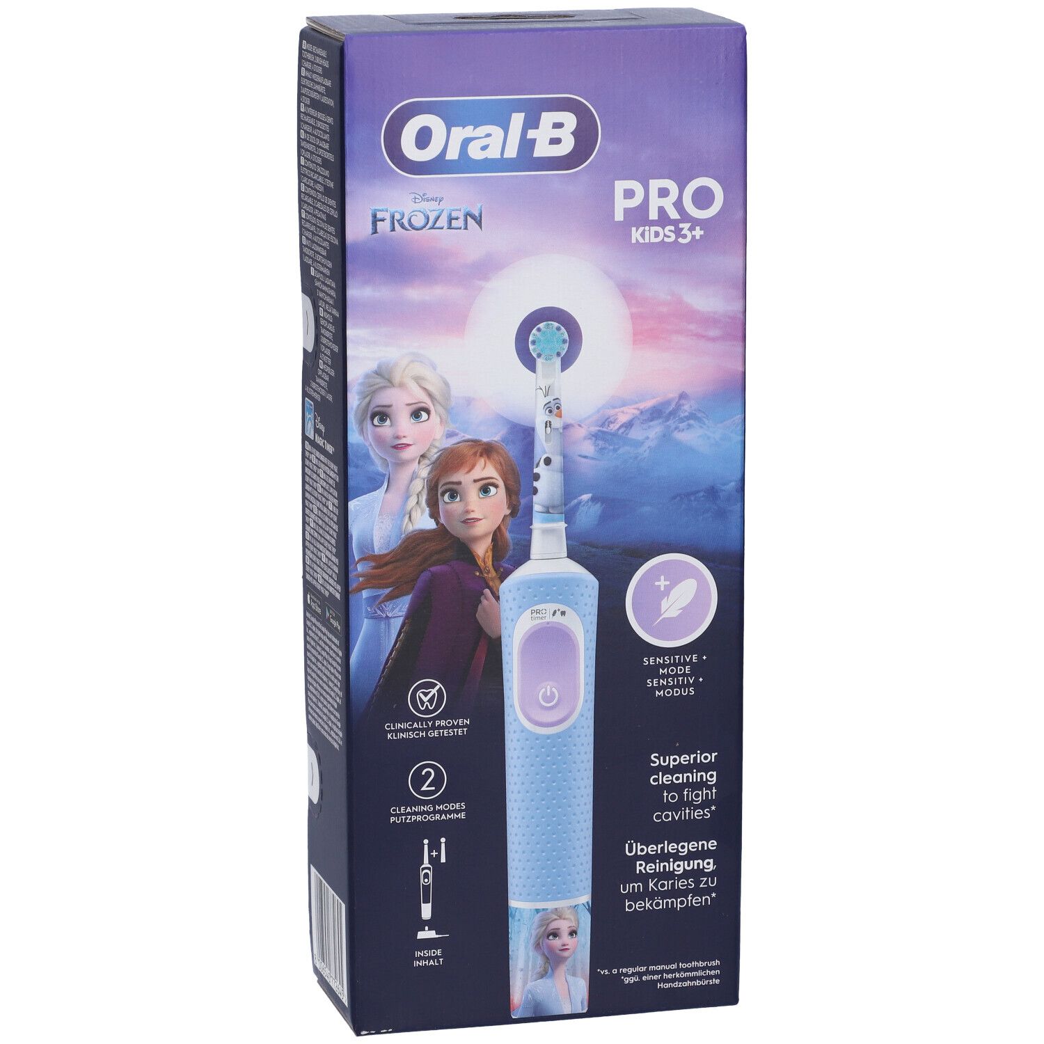 Spazzolino Oral-B Pro Kids Frozen nella confezione. Stampa con Elsa e Anna. Spazzolino blu con pulsante viola.