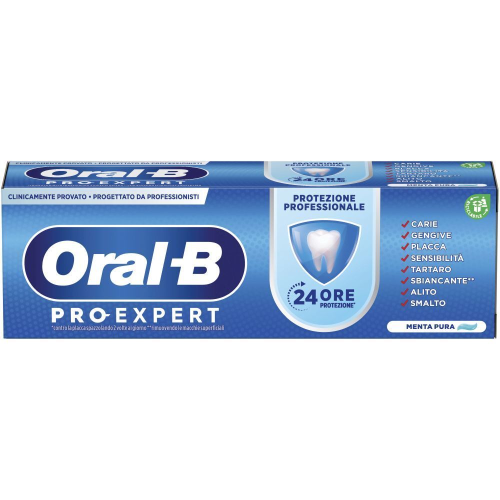 Scatola blu e bianca Oral-B Pro-Expert. Testo: Protezione 24 ore, Menta Pura. Elenco: Carie, gengive, placca, sensibilità, tartaro, sbiancante, alito, smalto.