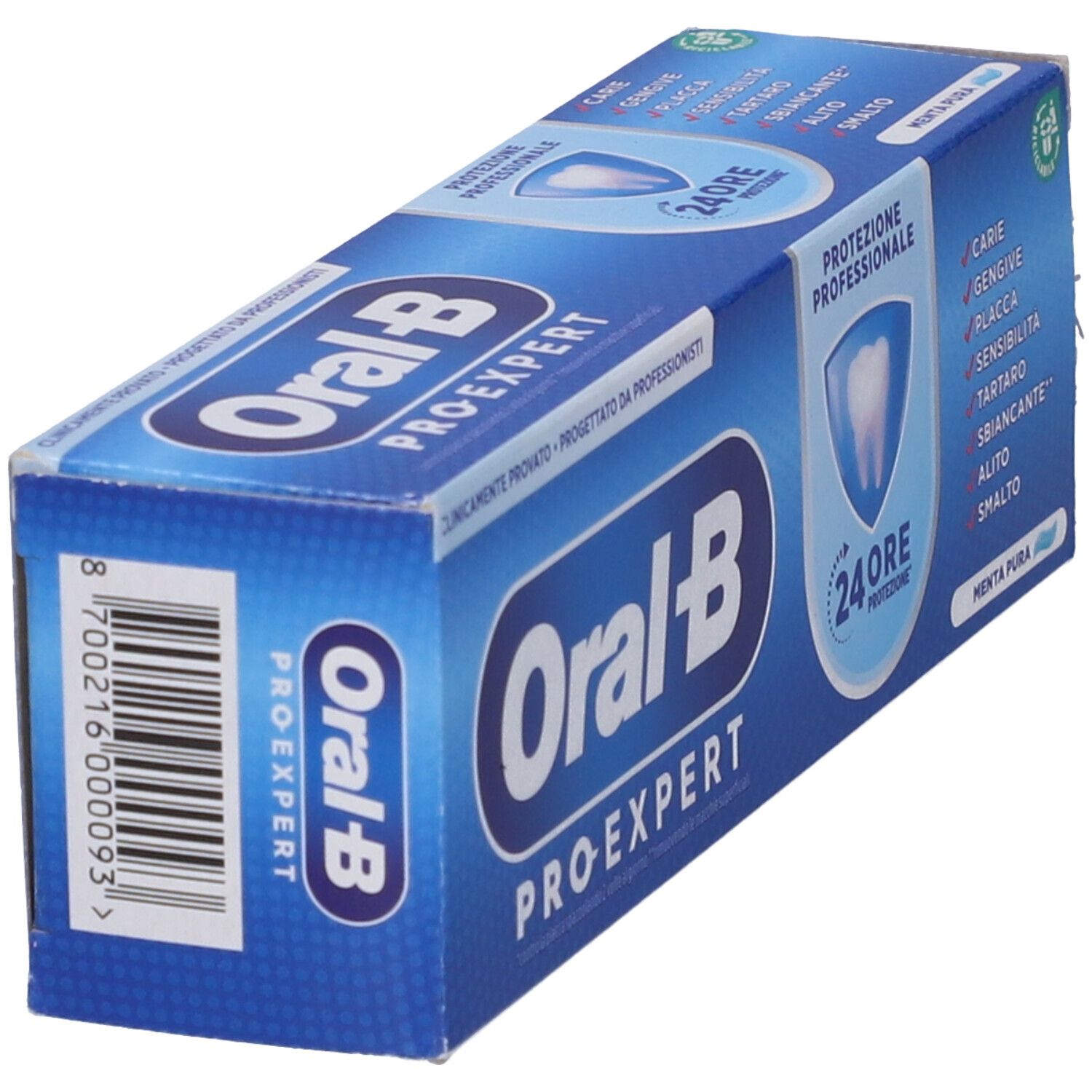Scatola Oral-B Pro-Expert, blu e bianca. Testo: Protezione 24 ore. Sul lato: Oral-B Pro-Expert. Retro: Codice a barre e ingredienti.