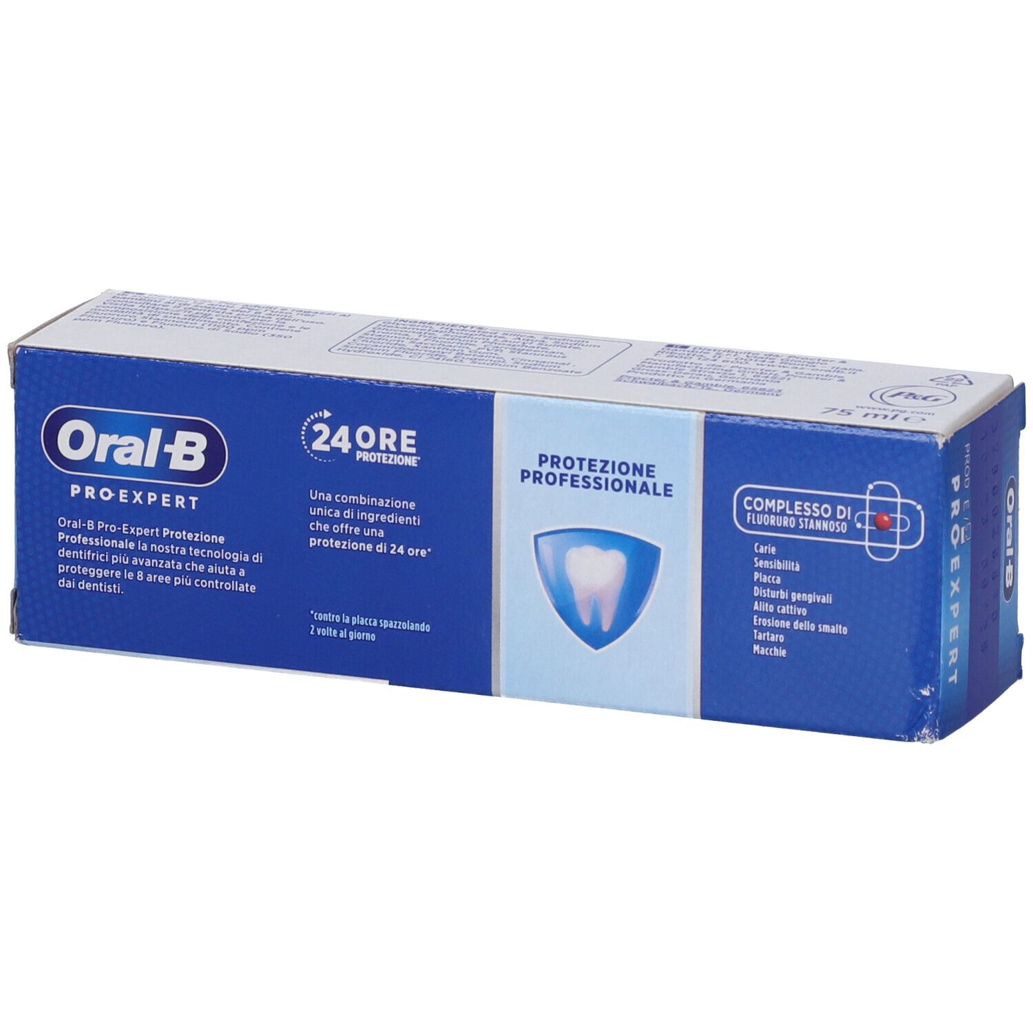 Scatola Oral-B Pro-Expert, blu e bianca. Testo: Protezione 24 ore. Sul lato: Oral-B Pro-Expert. Retro: Ingredienti e testo.