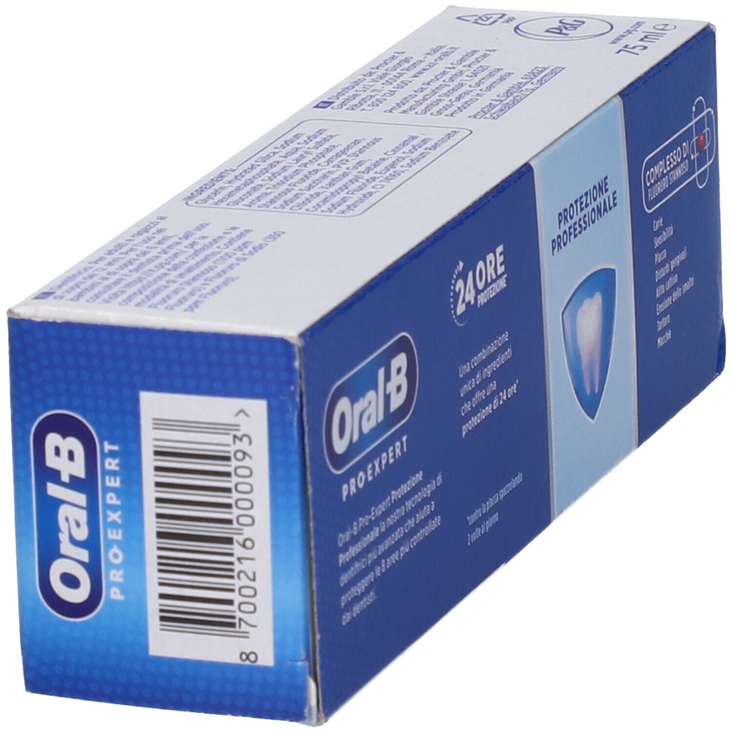Scatola Oral-B Pro-Expert, blu e bianca. Testo: Protezione 24 ore. Sul lato: Oral-B Pro-Expert. Retro: Ingredienti e testo.