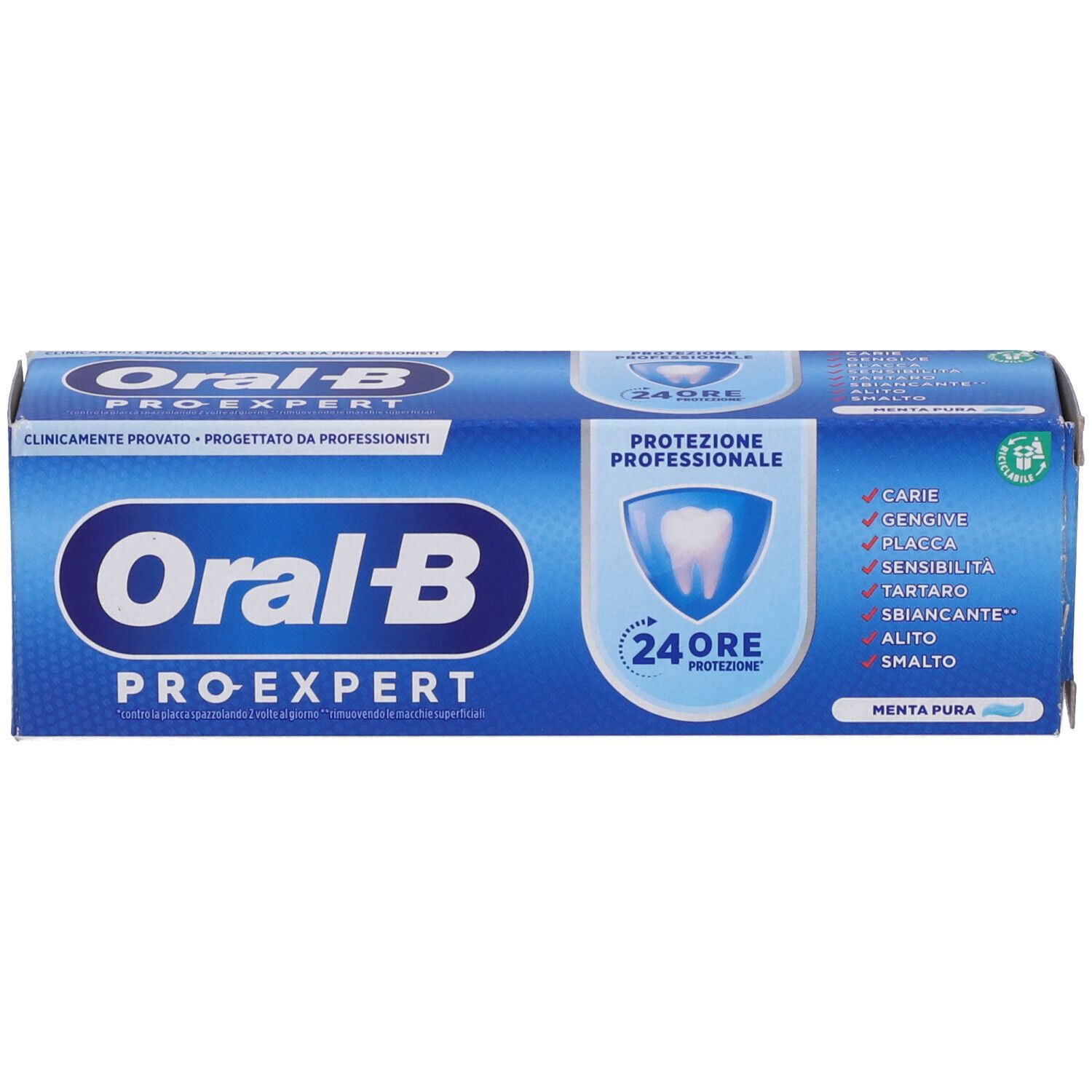 Scatola blu e bianca Oral-B Pro-Expert. Testo: Protezione 24 ore, Menta Pura. Elenco: Carie, gengive, placca, sensibilità, tartaro, sbiancante, alito, smalto.