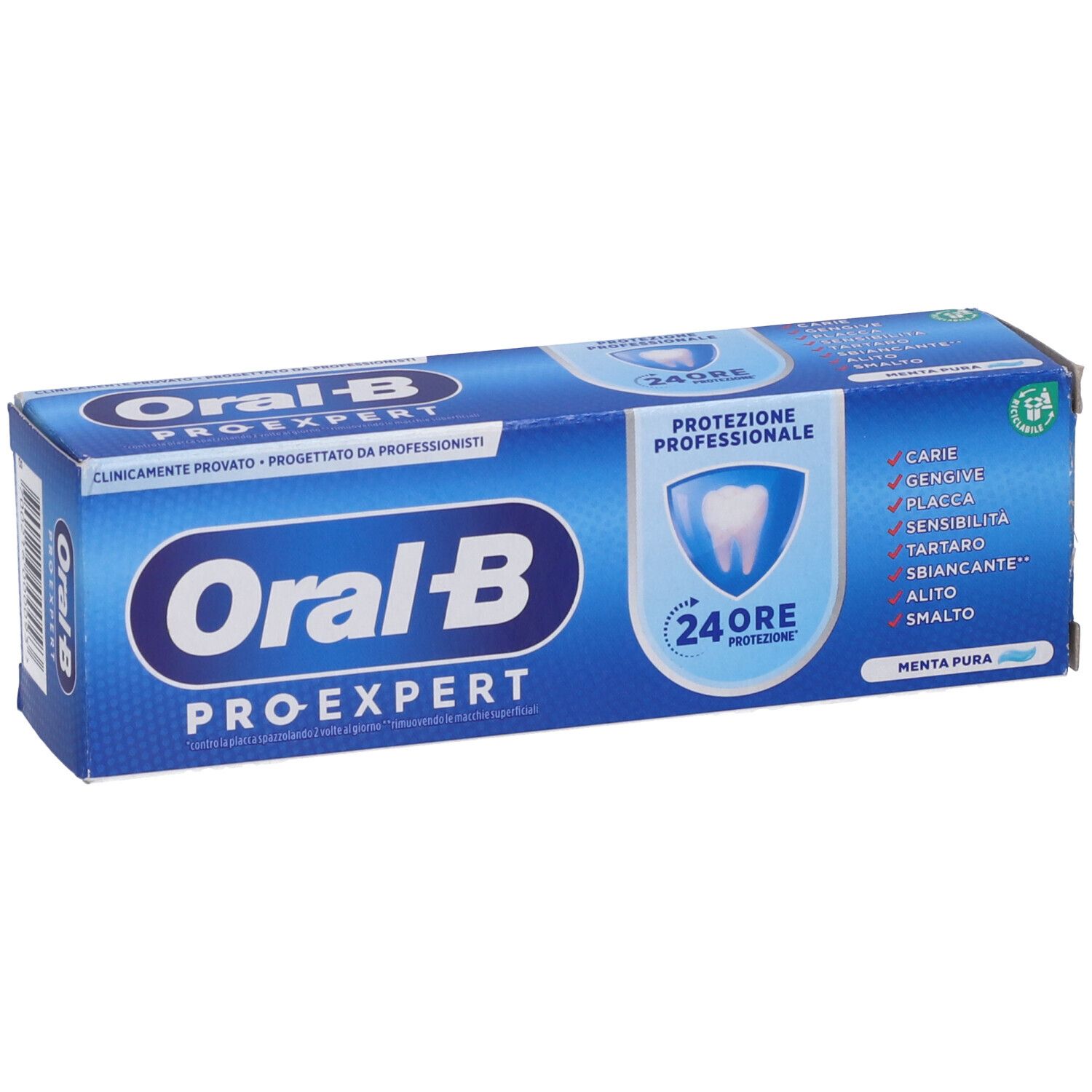 Scatola blu e bianca Oral-B Pro-Expert. Testo: Protezione 24 ore, Menta Pura. Elenco: Carie, gengive, placca, sensibilità, tartaro, sbiancante, alito, smalto.