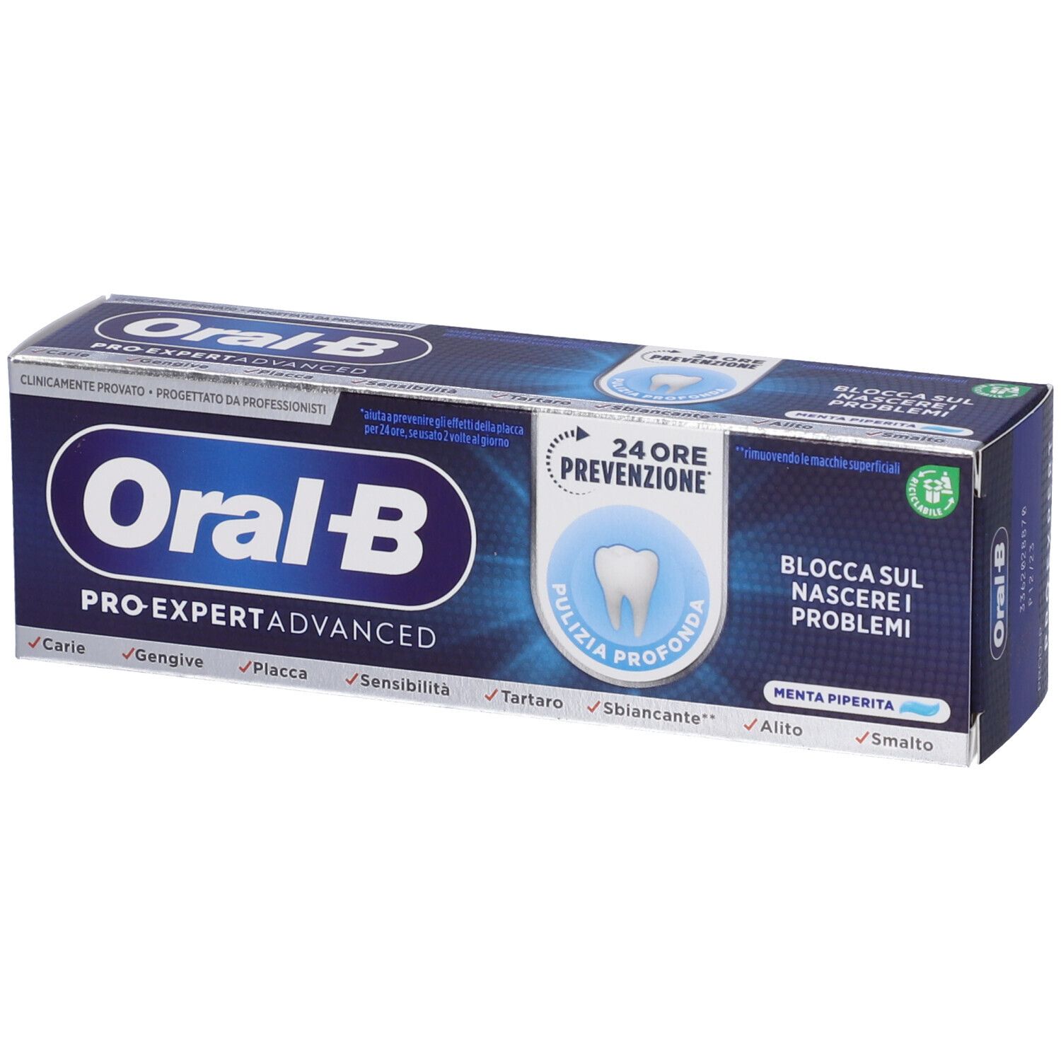 Confezione di dentifricio Oral-B Pro-Expert Advanced. Scatola blu con informazioni e loghi del prodotto.
