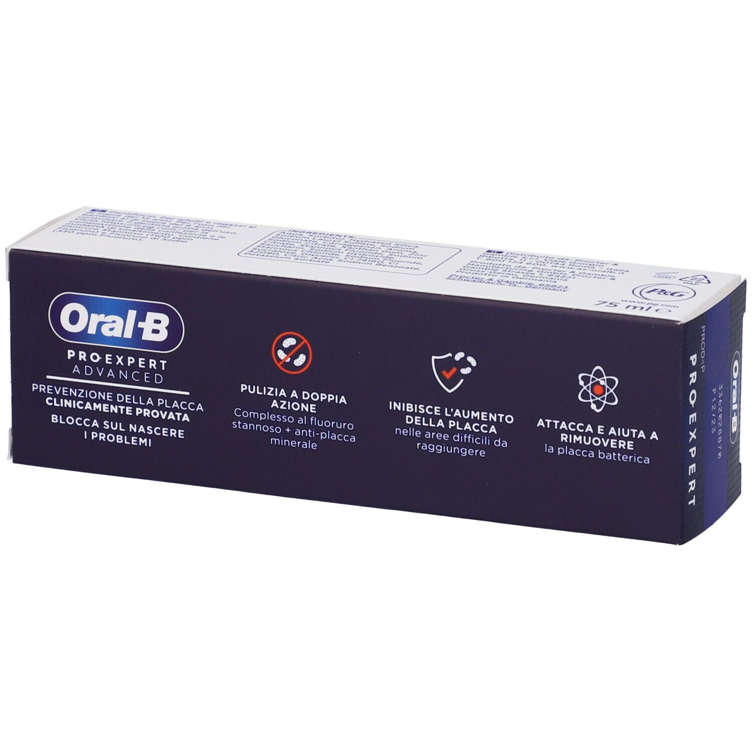 Confezione di dentifricio Oral-B Pro-Expert Advanced. Scatola blu con informazioni e loghi del prodotto.