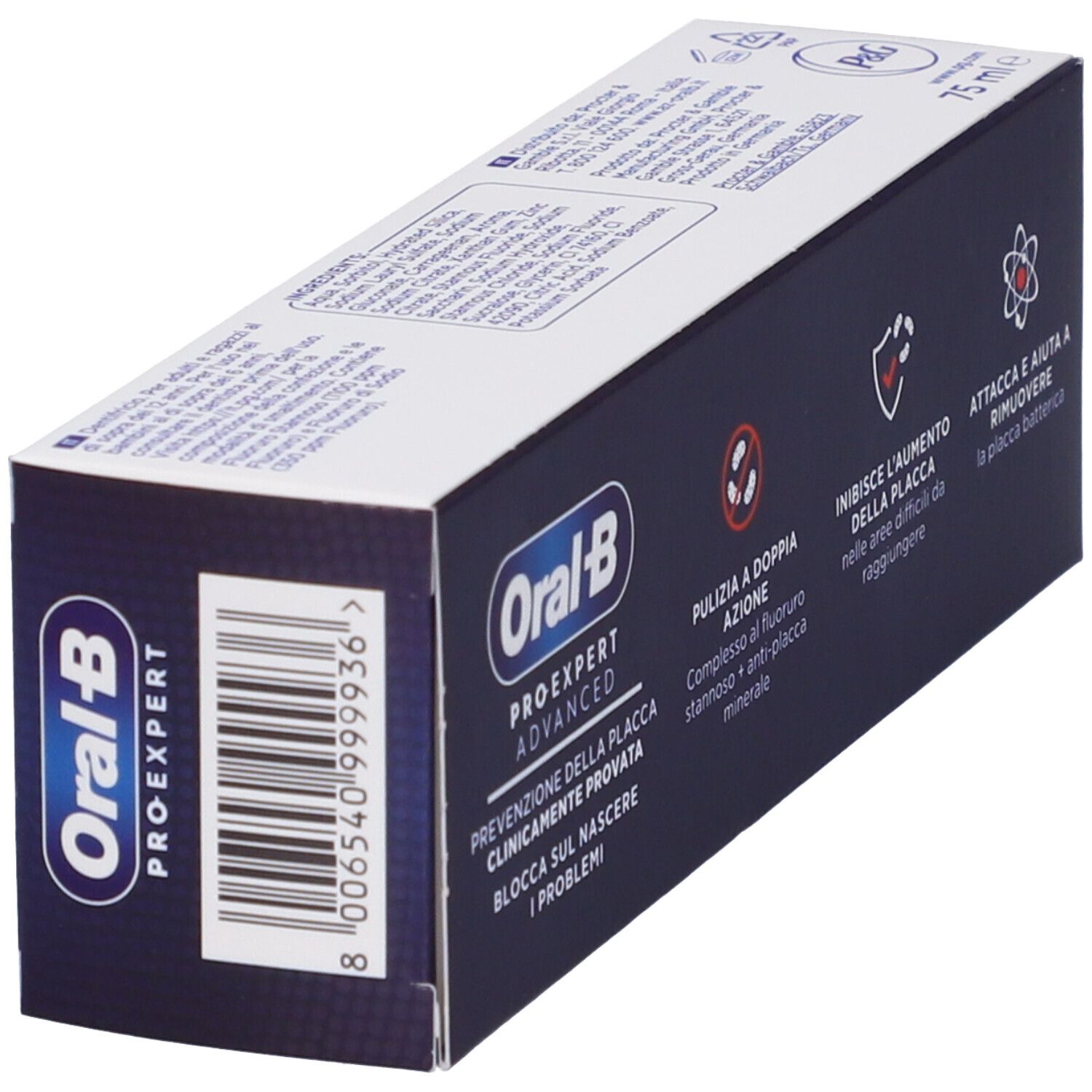 Confezione di dentifricio Oral-B Pro-Expert Advanced. Scatola blu con informazioni e loghi del prodotto.