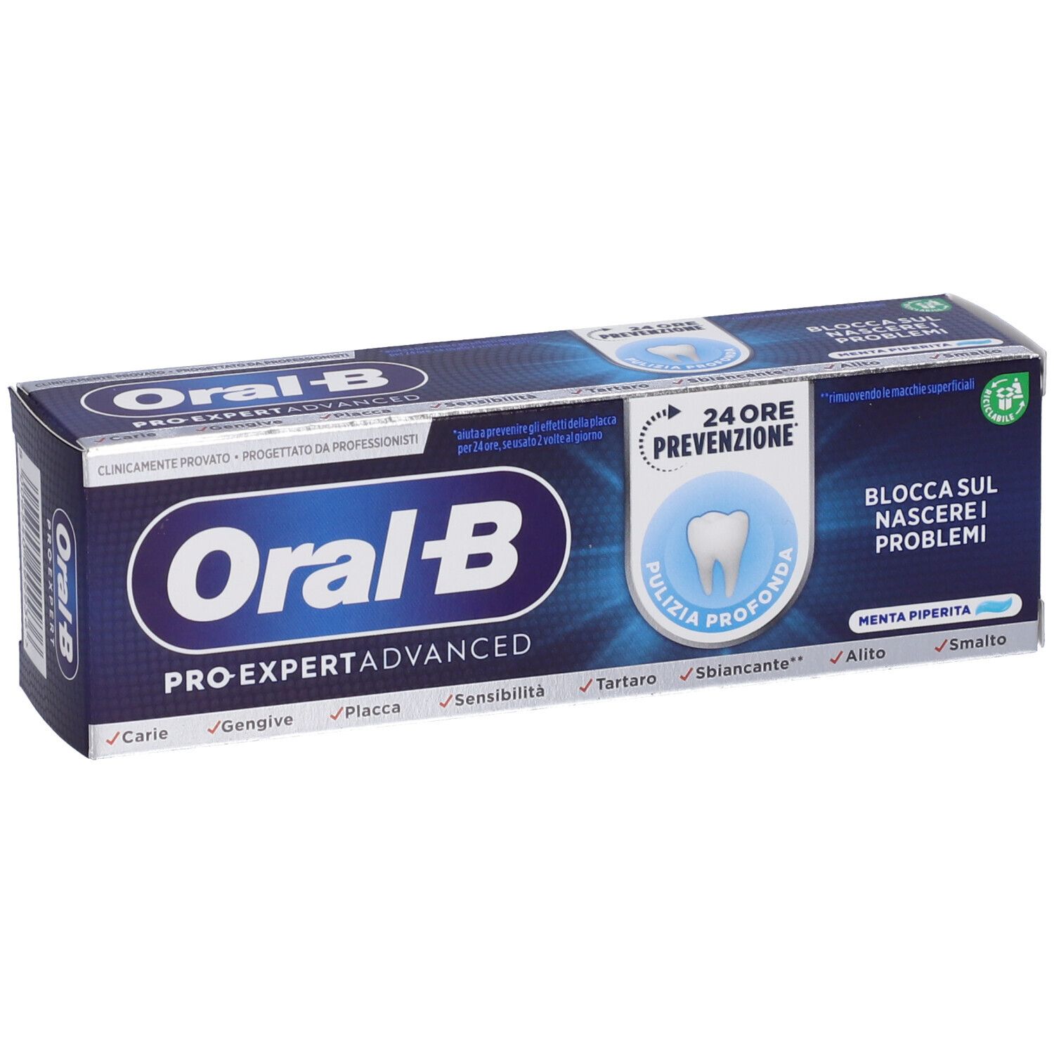 Confezione di dentifricio Oral-B Pro-Expert Advanced. Scatola blu con informazioni e loghi del prodotto.