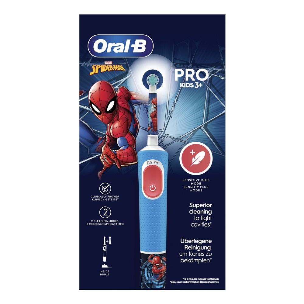 Spazzolino elettrico Oral-B Spiderman blu, con motivo Spiderman. Confezione con informazioni sul prodotto.