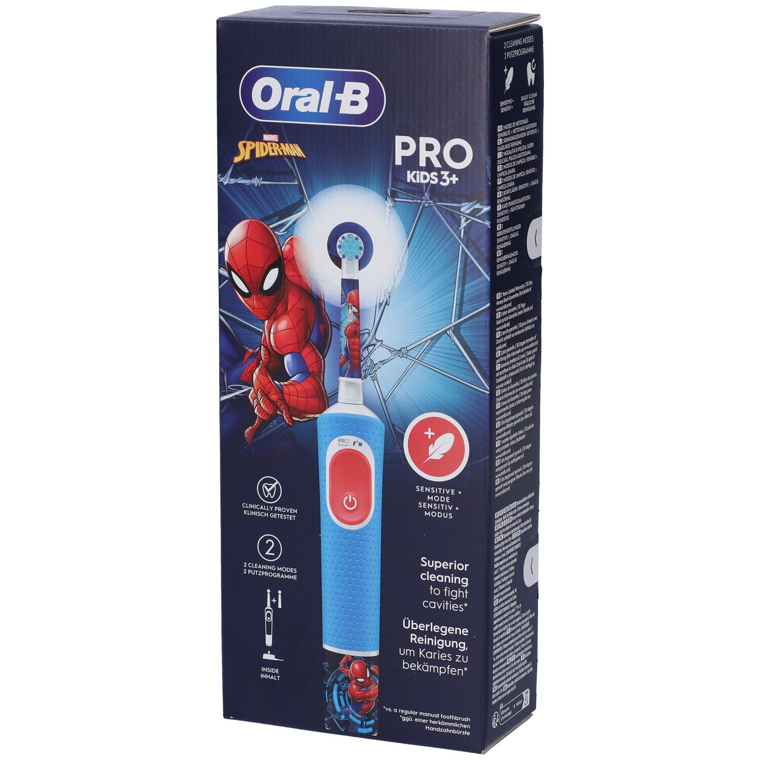 Confezione dello spazzolino elettrico Oral-B Spiderman. Prodotto e motivo Spiderman sulla confezione.