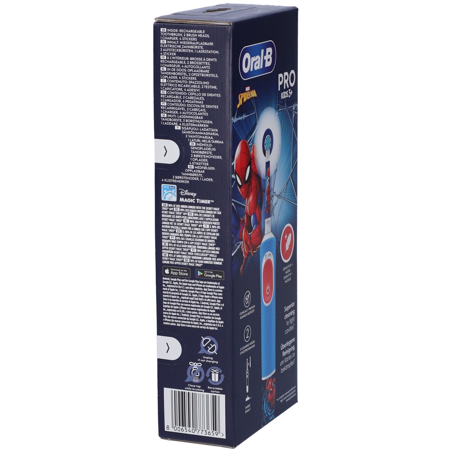 Confezione dello spazzolino elettrico Oral-B Spiderman. Retro con informazioni sul prodotto e codice QR.