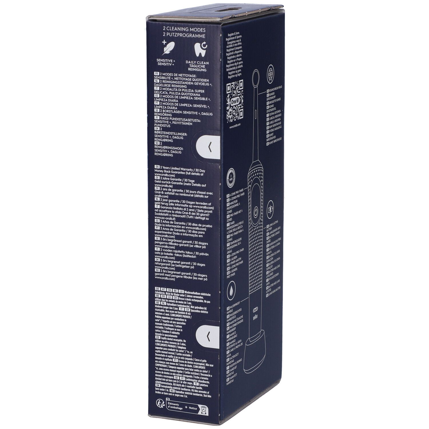 Vista laterale della confezione dello spazzolino elettrico Oral-B Spiderman. Illustrazione e informazioni.