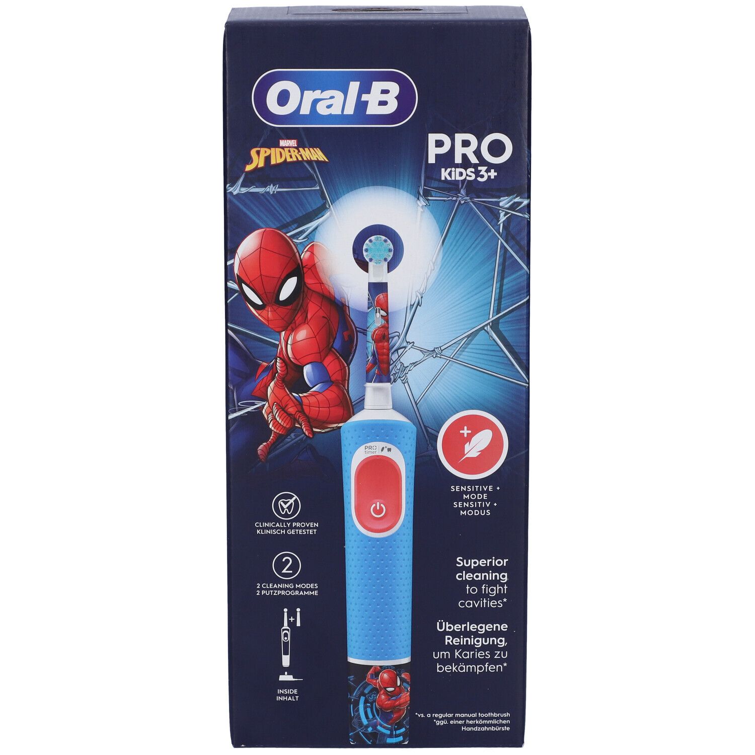 Spazzolino elettrico Oral-B Spiderman blu, con motivo Spiderman. Confezione con informazioni sul prodotto.