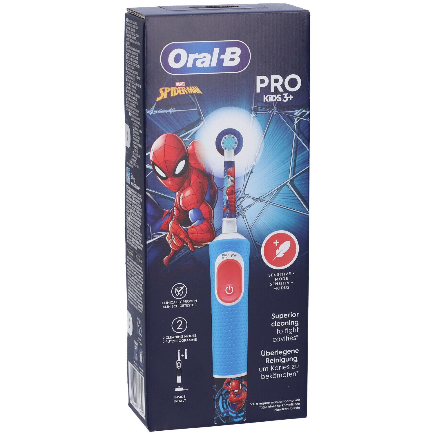 Confezione dello spazzolino elettrico Oral-B Spiderman. Prodotto e motivo Spiderman sulla confezione.