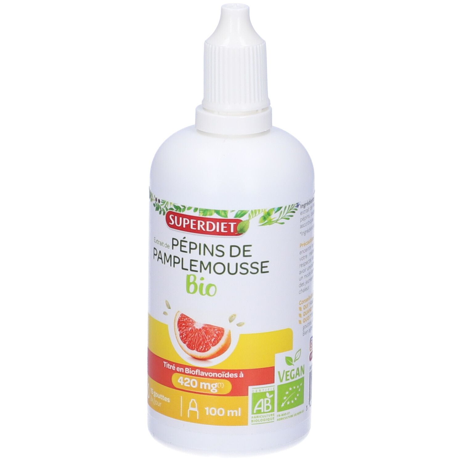 Flacone bianco con contagocce. Scritta: SUPERDIET, Extrait de Pépins de Pamplemousse Bio. Con logo bio e immagine di pompelmo.