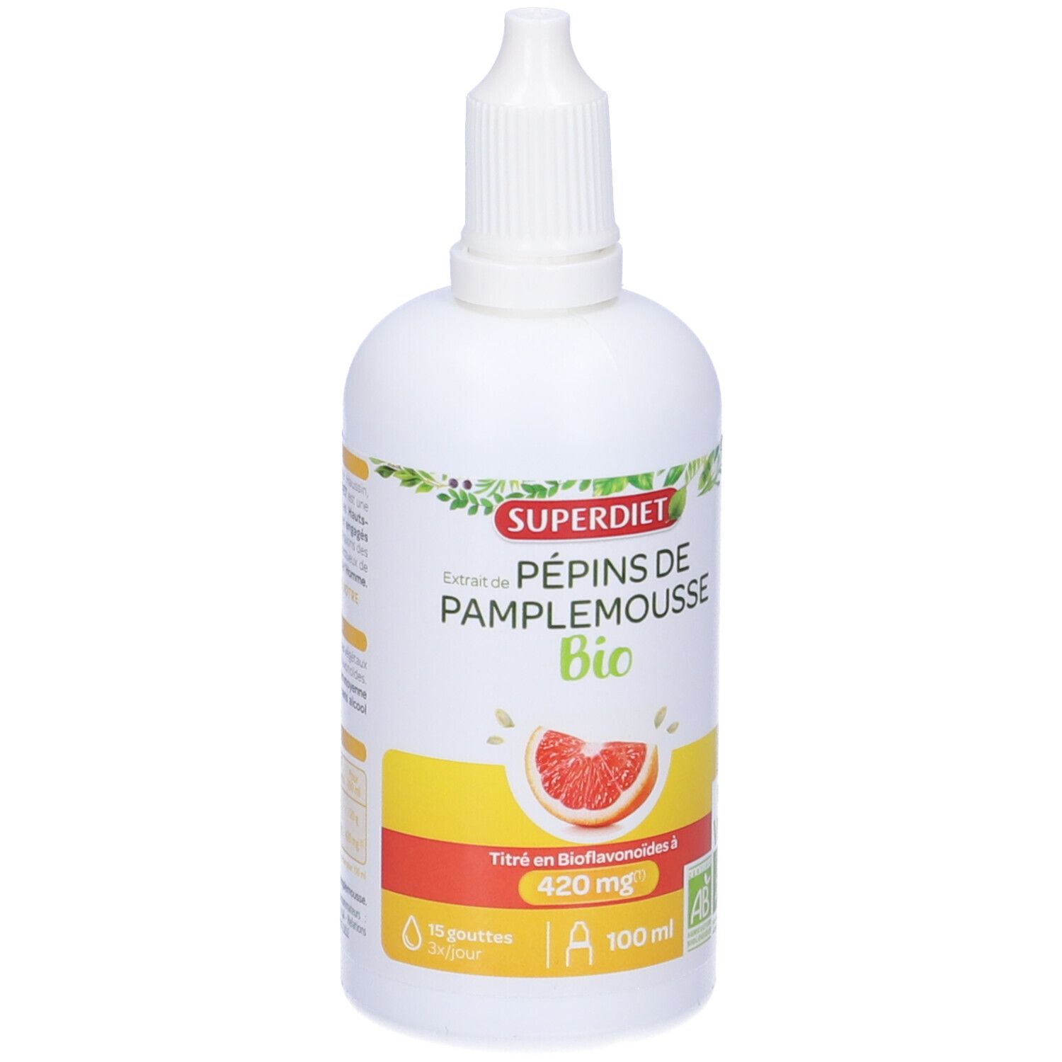 Flacone bianco con contagocce. Scritta: SUPERDIET, Extrait de Pépins de Pamplemousse Bio. Con logo bio e immagine di pompelmo.