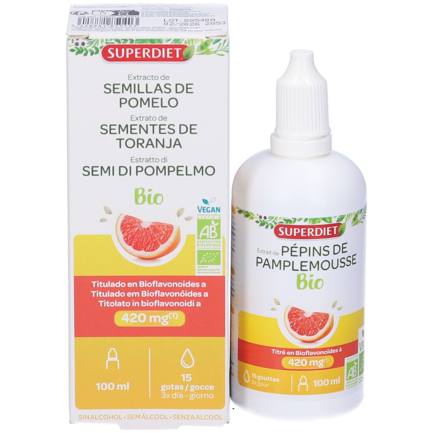 Confezione e flacone. Scritta: Extrait de Semillas de Pomelo, Extrait de Sementes de Toranja, Estratto di Semi di Pompelmo.