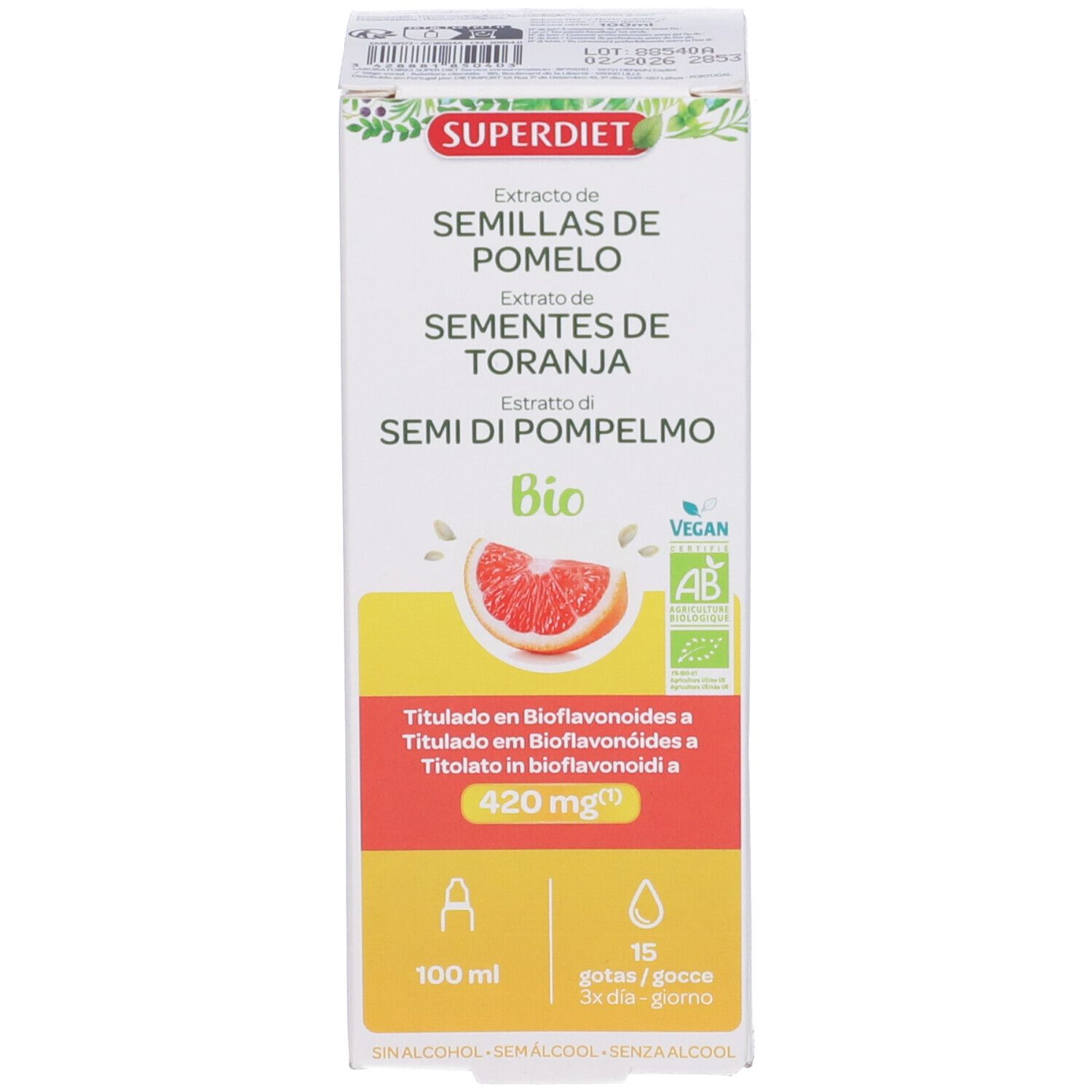 Confezione del prodotto. Scritta: Extrait de Semillas de Pomelo, Extrait de Sementes de Toranja, Estratto di Semi di Pompelmo. Logo bio.