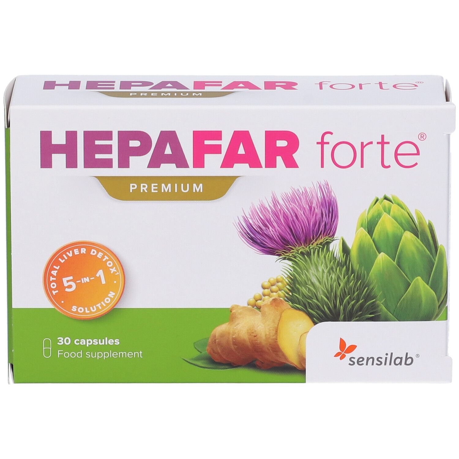 Vorderseite der Hepafar Forte Premium Kapselpackung mit Abbildung von Heilpflanzen.