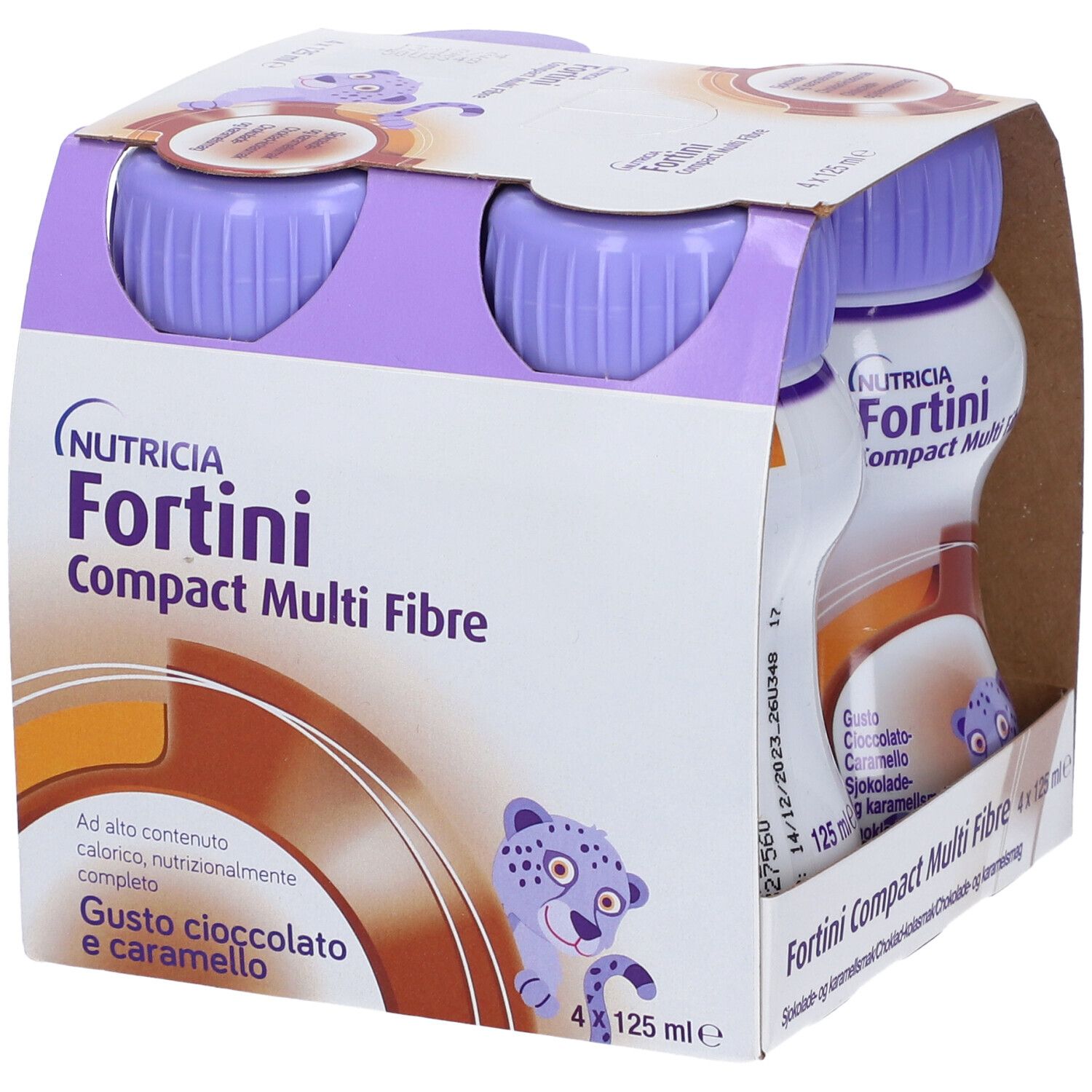 Confezione da quattro bottiglie Fortini Compact Multi Fibre. Tappi viola, bottiglie bianche con testo. Gusto cioccolato-caramello.