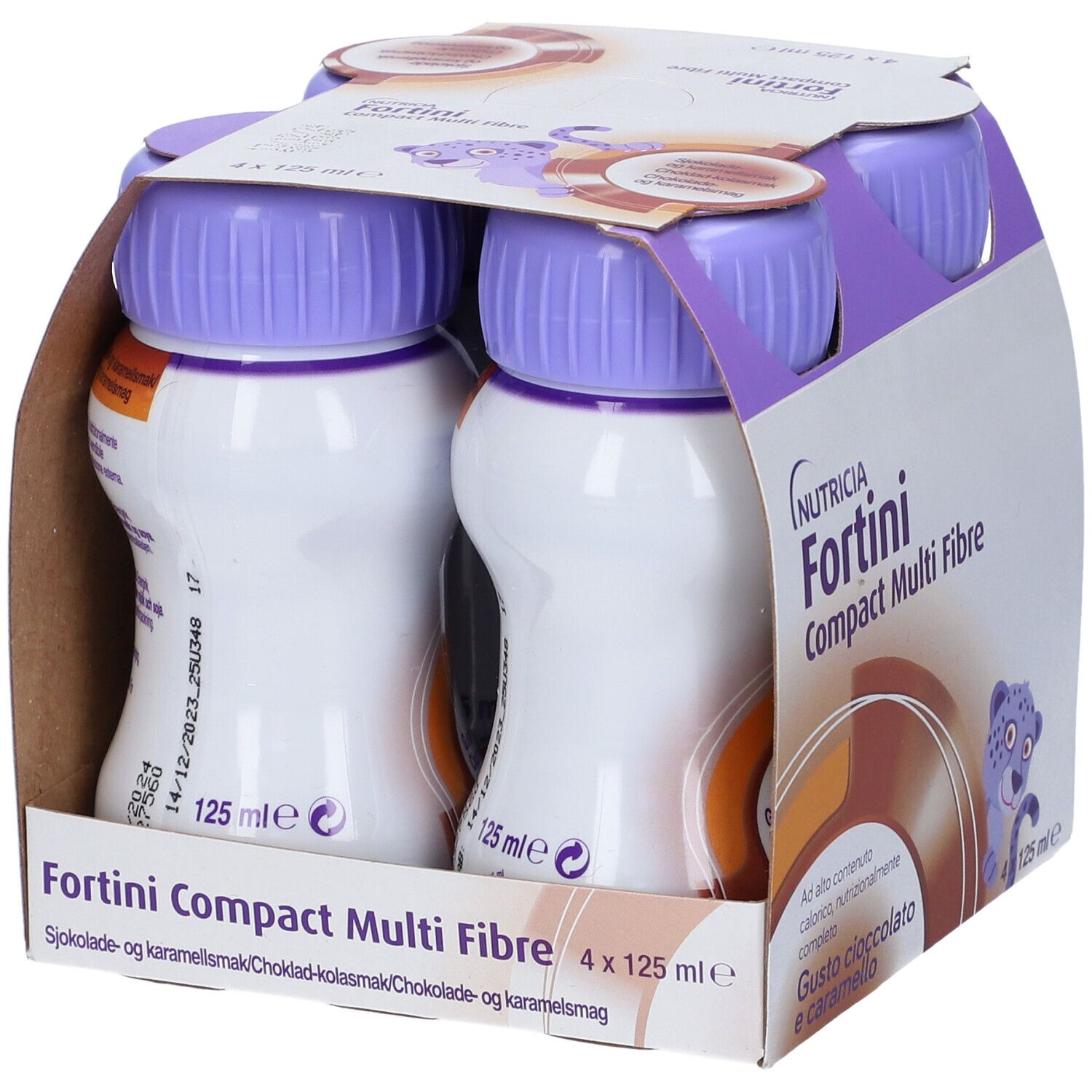 Confezione da quattro bottiglie Fortini Compact Multi Fibre. Tappi viola, bottiglie bianche con testo. Gusto cioccolato-caramello.