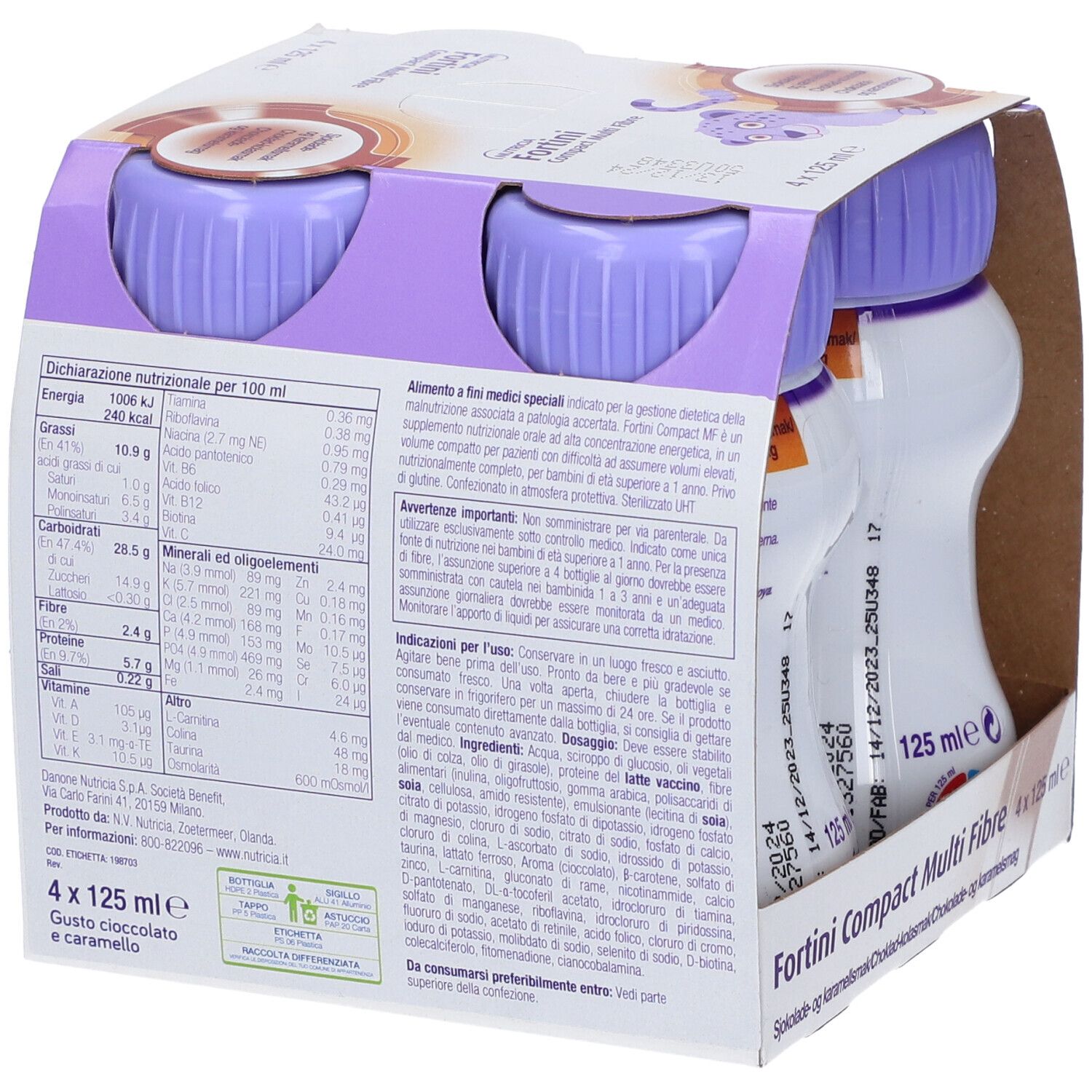 Confezione da quattro bottiglie Fortini Compact Multi Fibre. Tappi viola, bottiglie bianche con testo. Gusto cioccolato-caramello. Informazioni nutrizionali.
