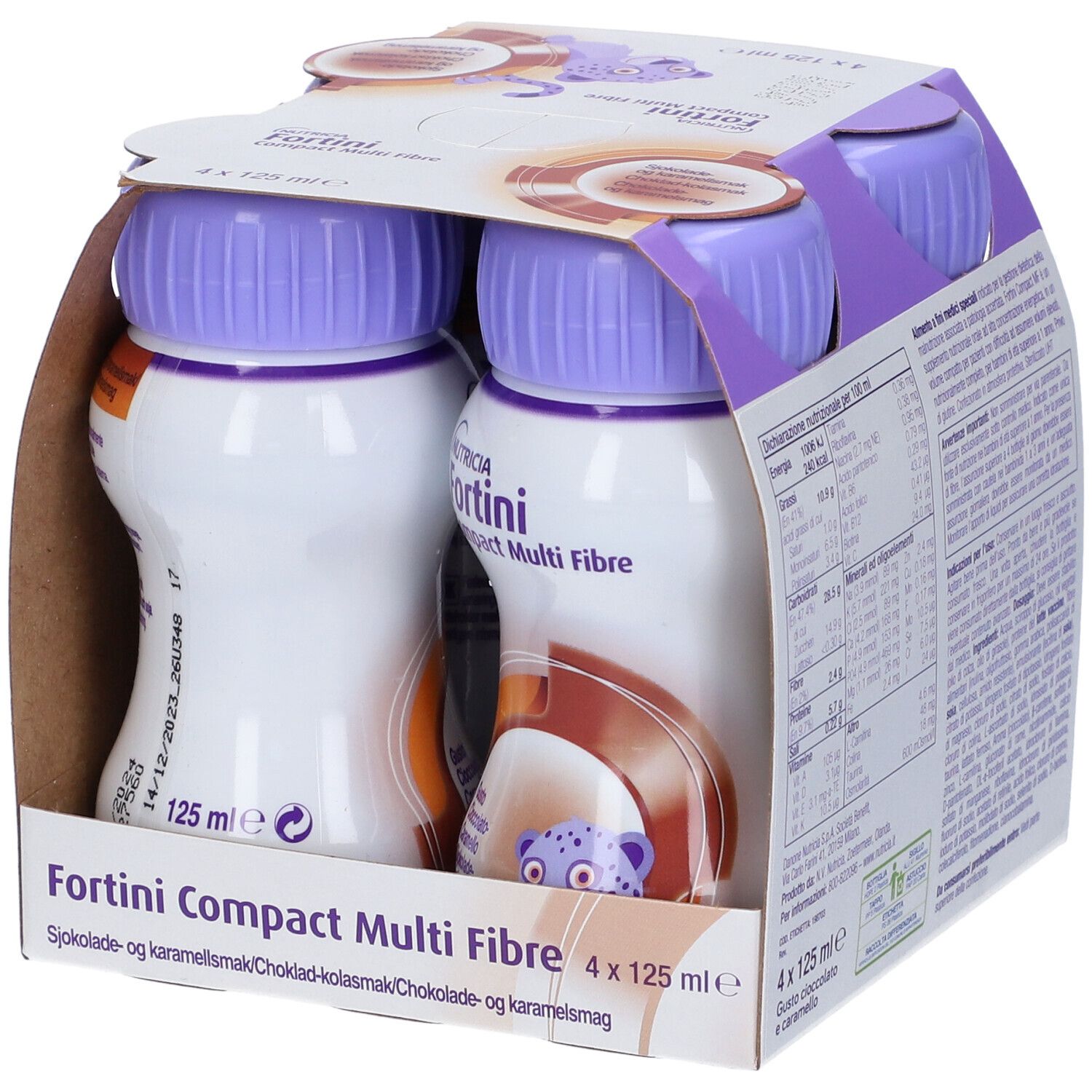 Confezione da quattro bottiglie Fortini Compact Multi Fibre. Tappi viola, bottiglie bianche con testo. Gusto cioccolato-caramello.