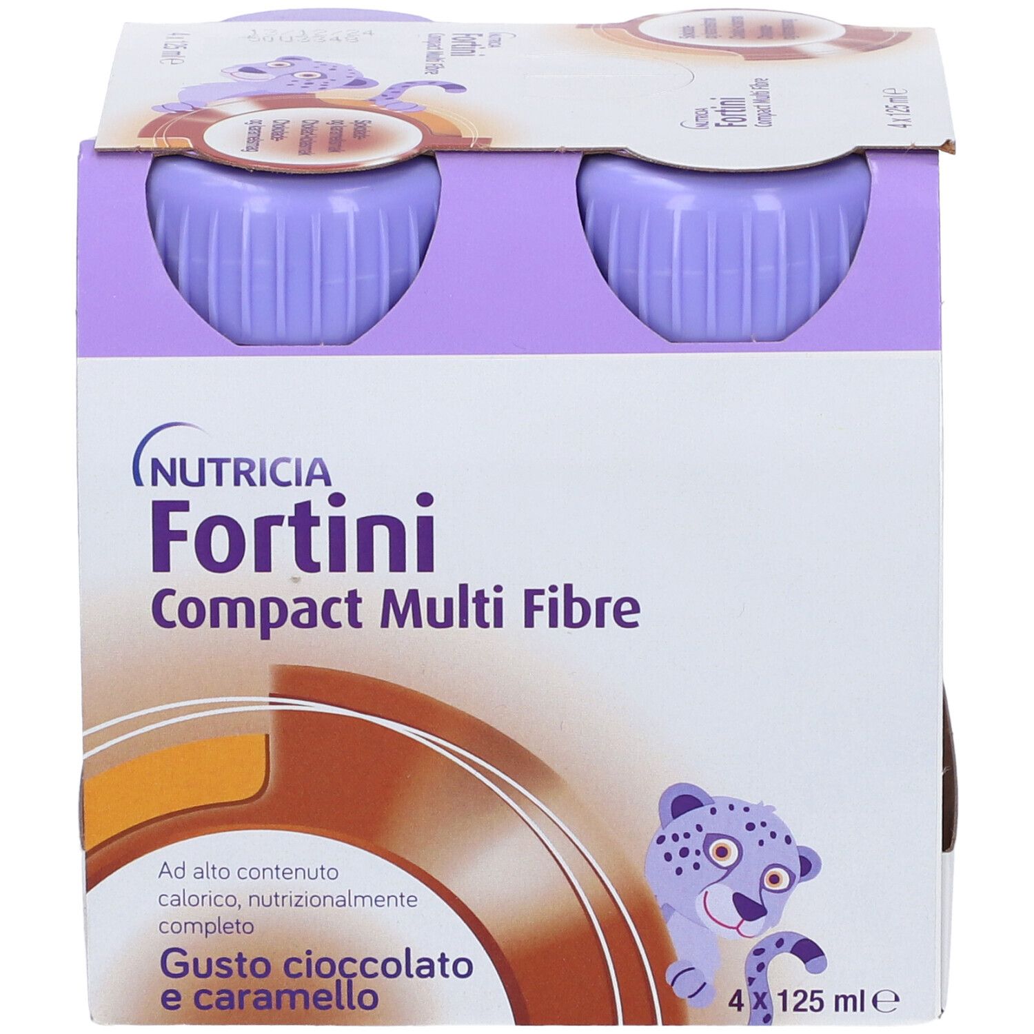 Confezione da due bottiglie Fortini Compact Multi Fibre. Tappi viola, bottiglie bianche con testo. Gusto cioccolato-caramello.