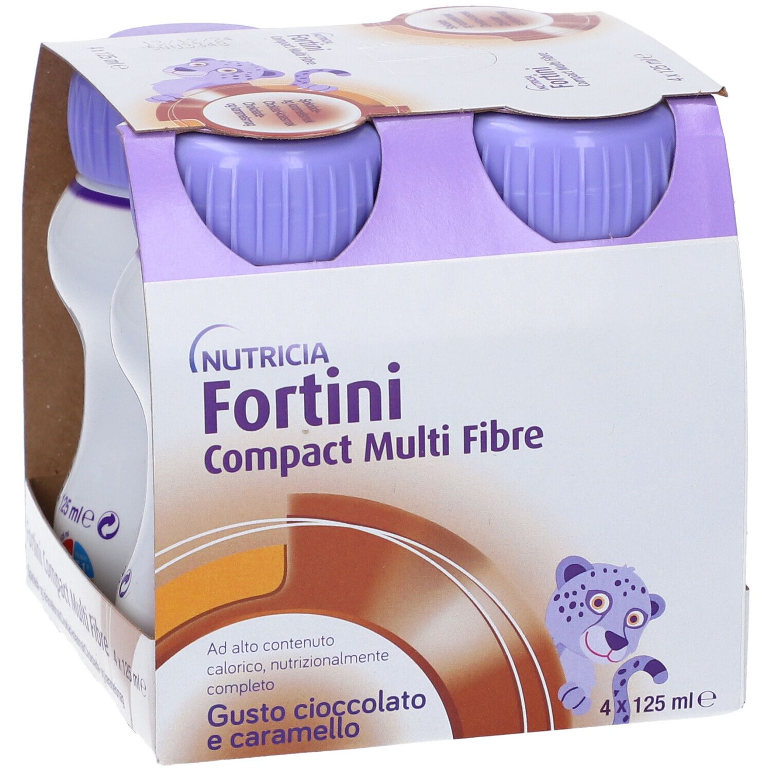 Confezione da quattro bottiglie Fortini Compact Multi Fibre. Tappi viola, bottiglie bianche con testo. Gusto cioccolato-caramello.