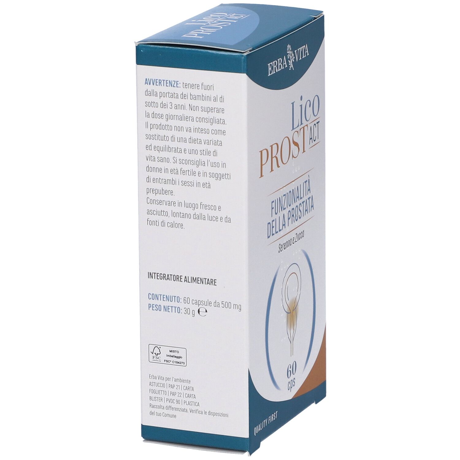 Vista laterale della scatola Erba Vita Licoprost Act. Testo: 60 cps. Contiene 60 capsule. Peso 30 g.