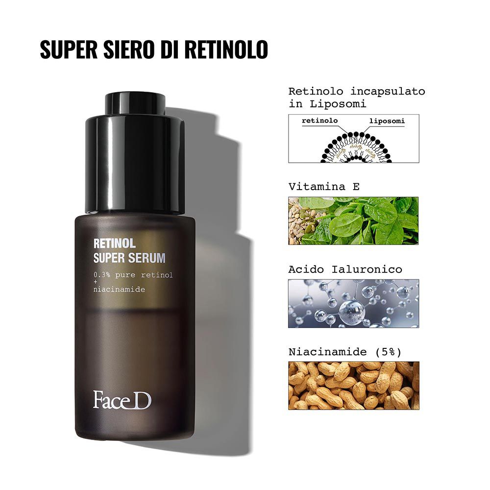 Produkt mit Diagrammen. Aufschrift: Retinol Super Serum. Inhaltsstoffe und Ergebnisse. Marke: Face D.