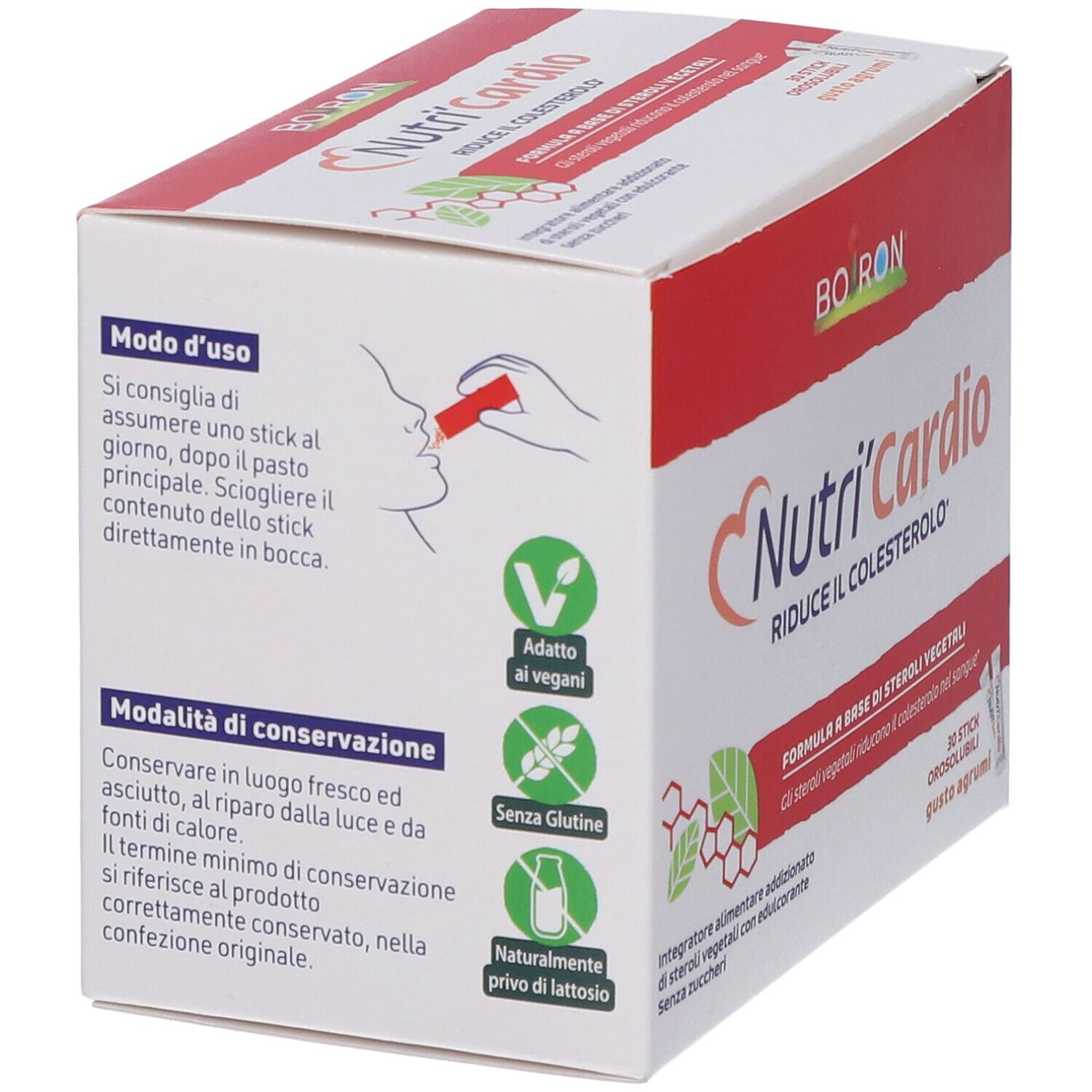 Schachtel Nutri'Cardio, Seite mit Gebrauchsanweisung. Vegan, glutenfrei, laktosefrei. Marke Boiron.