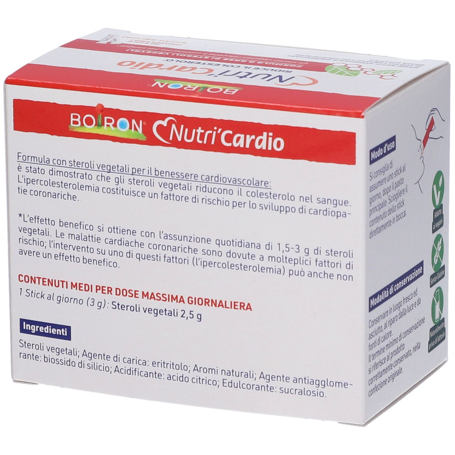 Schachtel Nutri'Cardio, Seite mit Inhaltsstoffen und Dosierung. Marke Boiron. Text in italienischer Sprache.